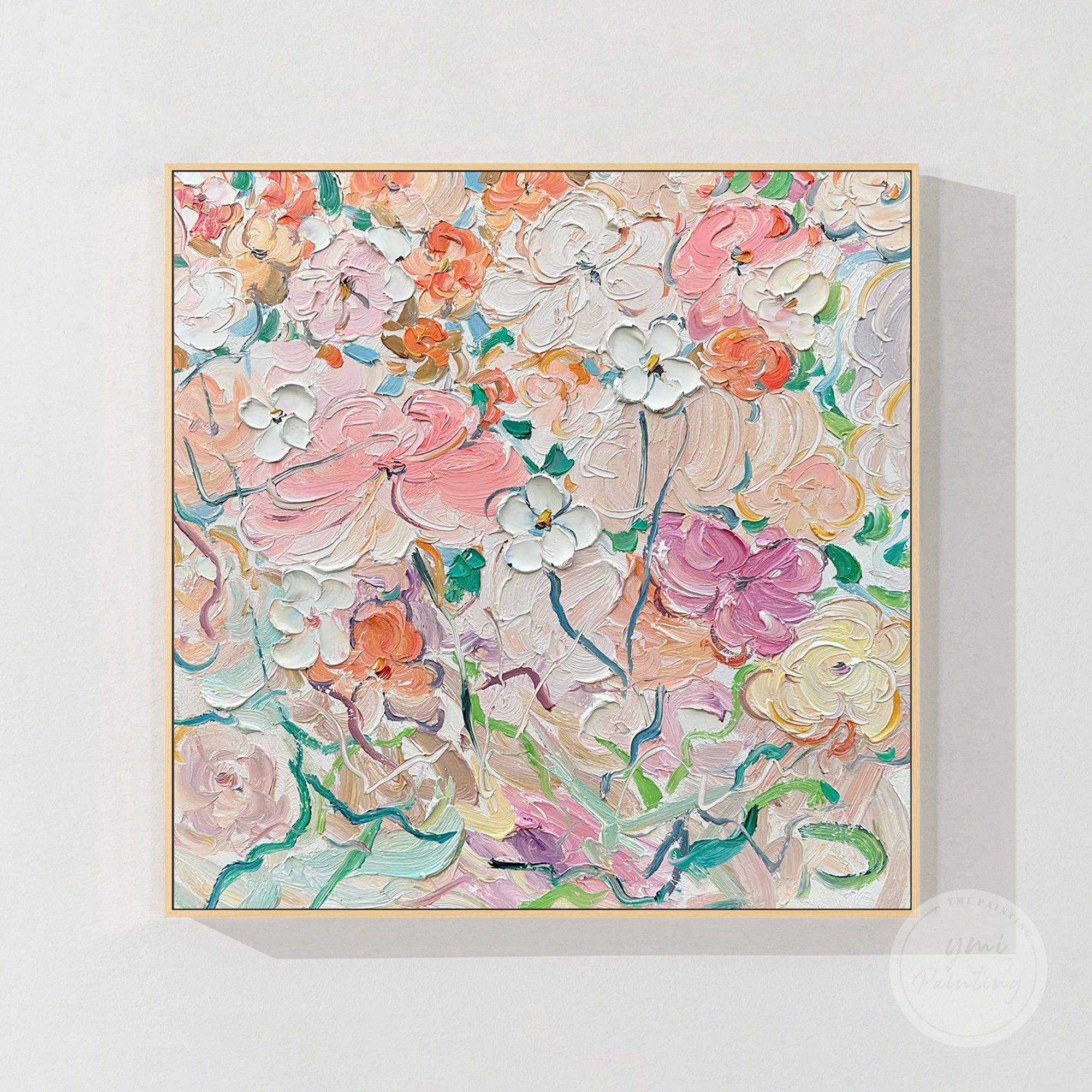 Abstract floral oil painting with a modern design and harmonious pastel tones.