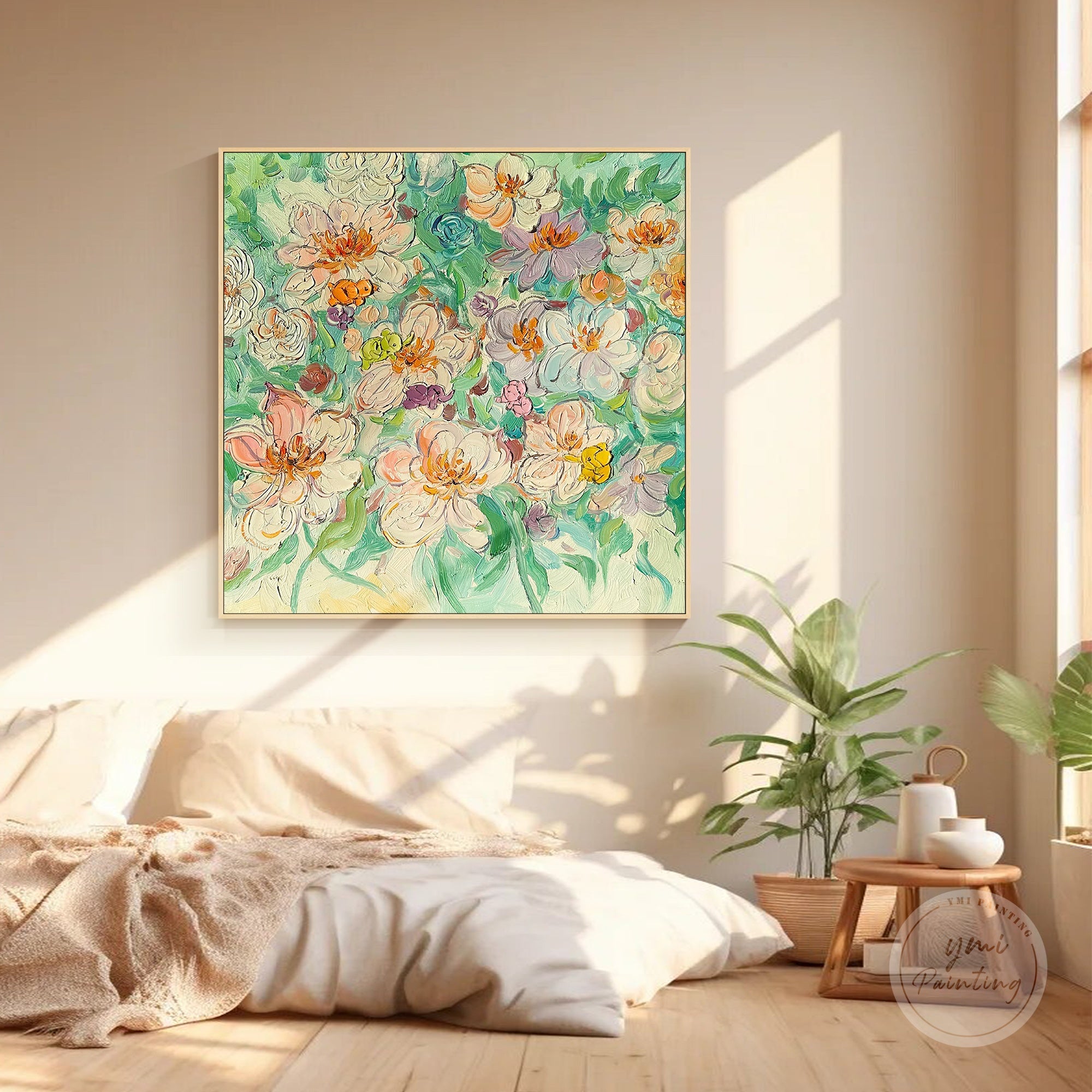Pink and green floral oil painting featuring soft textures and modern abstract style.