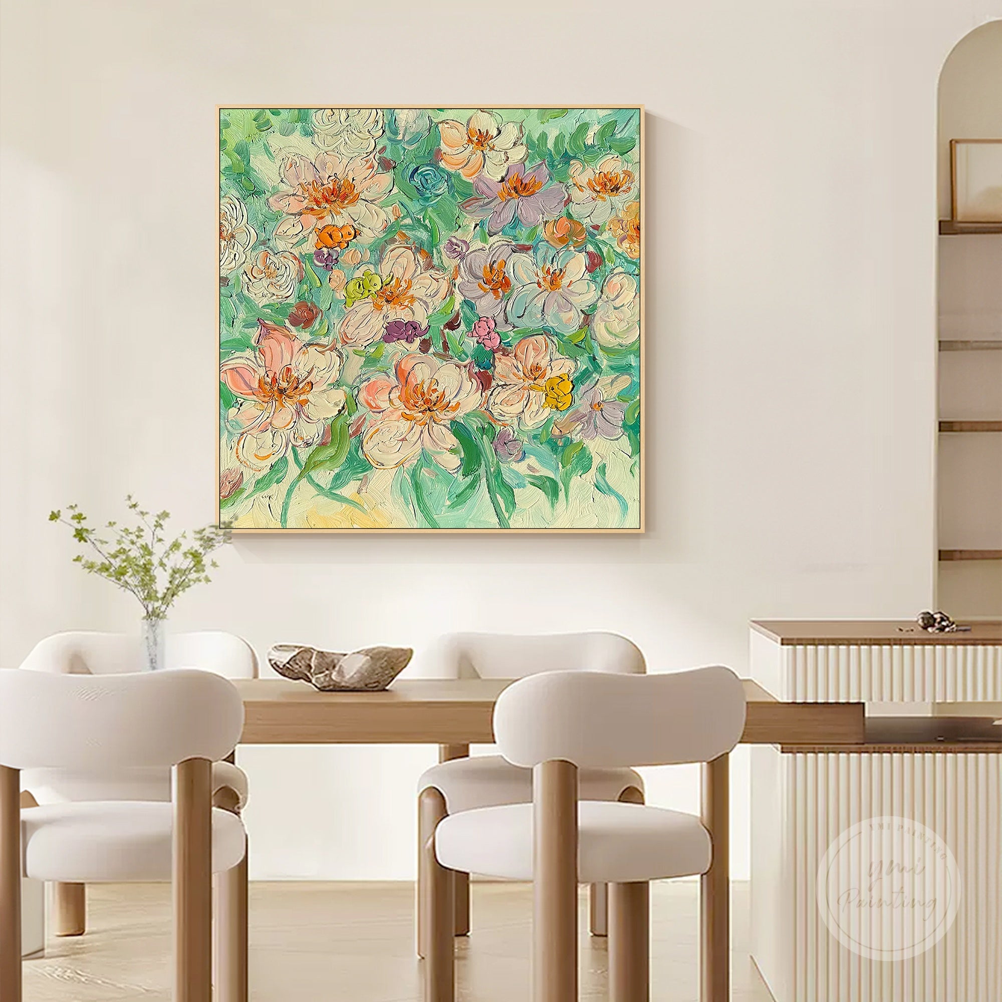 Large pastel floral artwork creating a calm and refreshing home atmosphere.