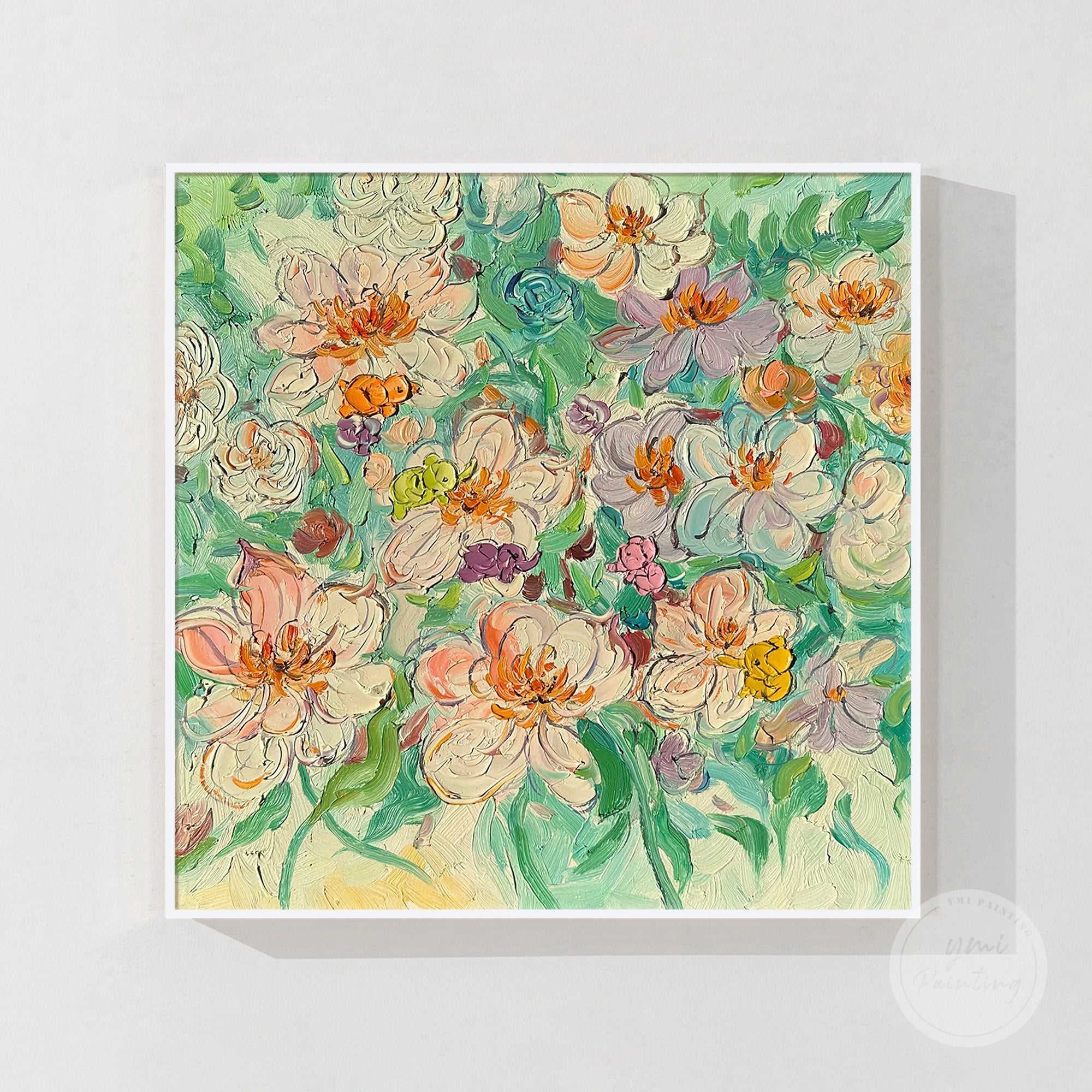 Contemporary pink and green flower painting for stylish home décor.