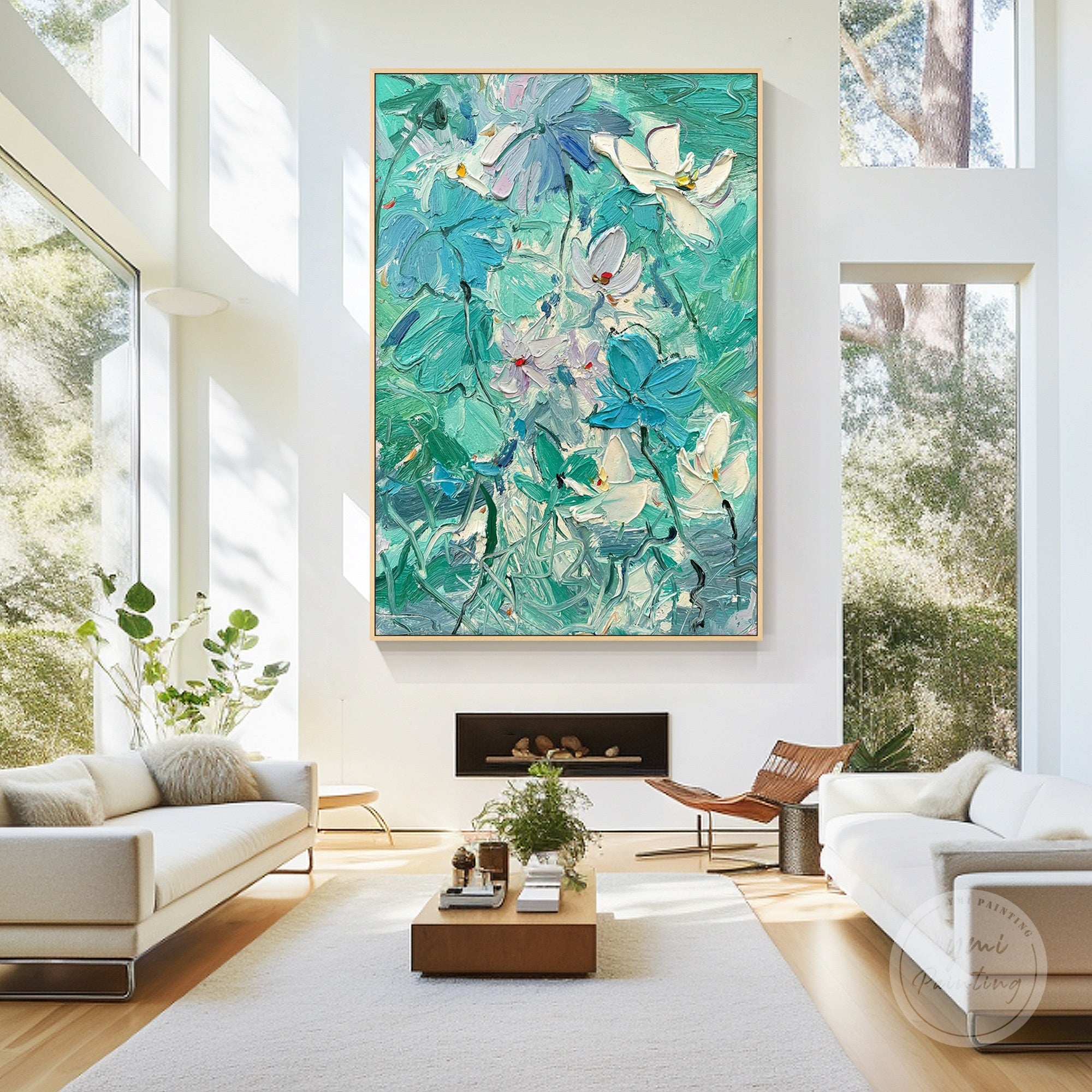 Abstract flower painting with teal tones, perfect for lobby walls or spacious interiors.