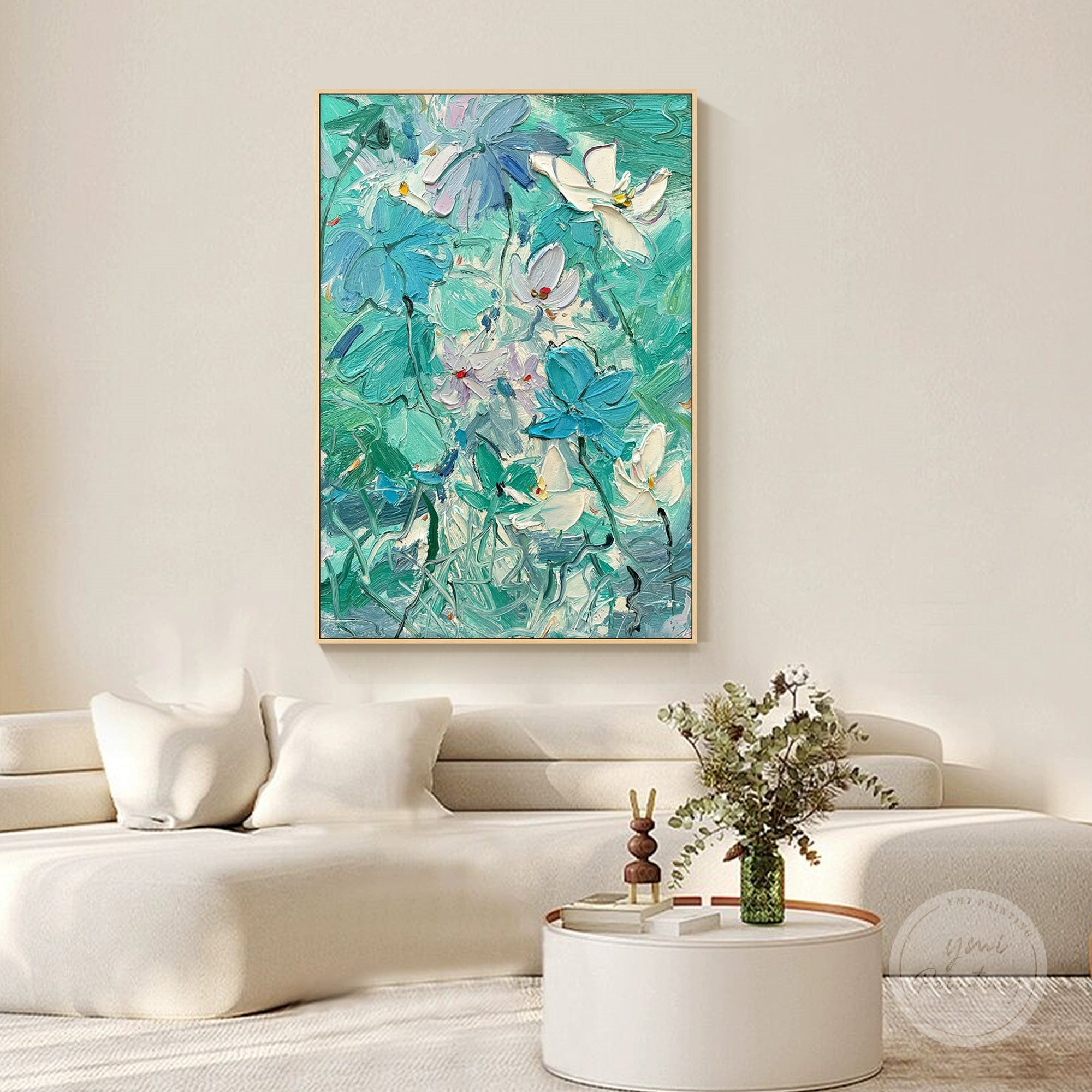 Large framed teal floral artwork featuring expressive brushstrokes and refined texture.
