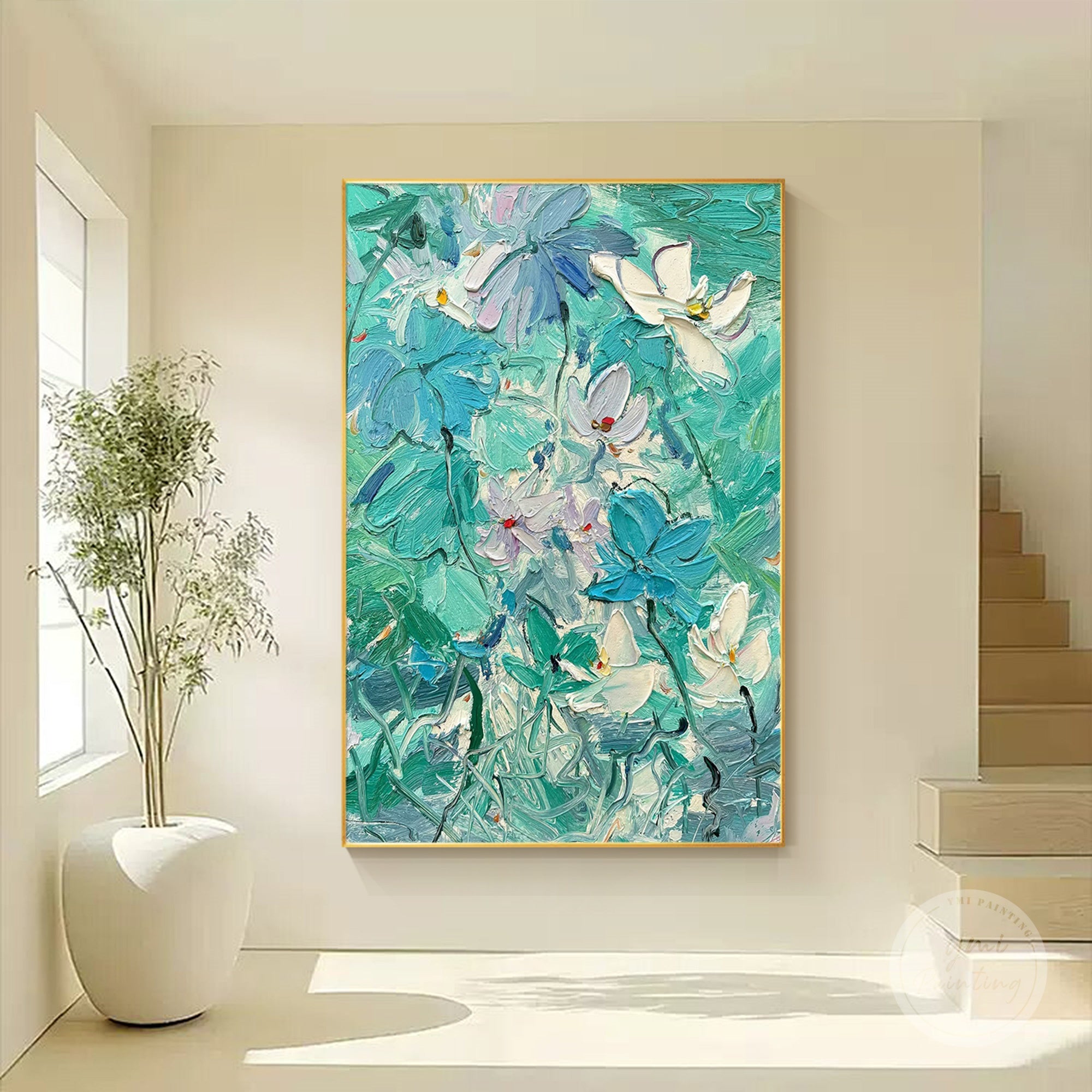Modern teal flower canvas art ideal for bedrooms, living rooms, or offices.