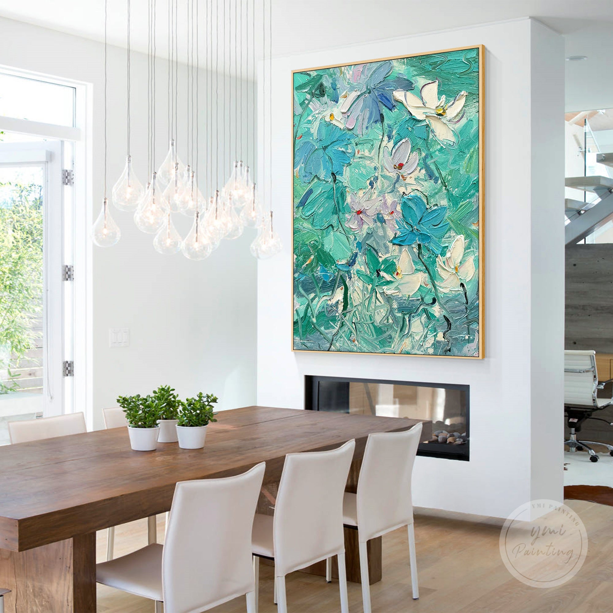 Bedroom wall art with teal flowers, adding a calming and stylish atmosphere.