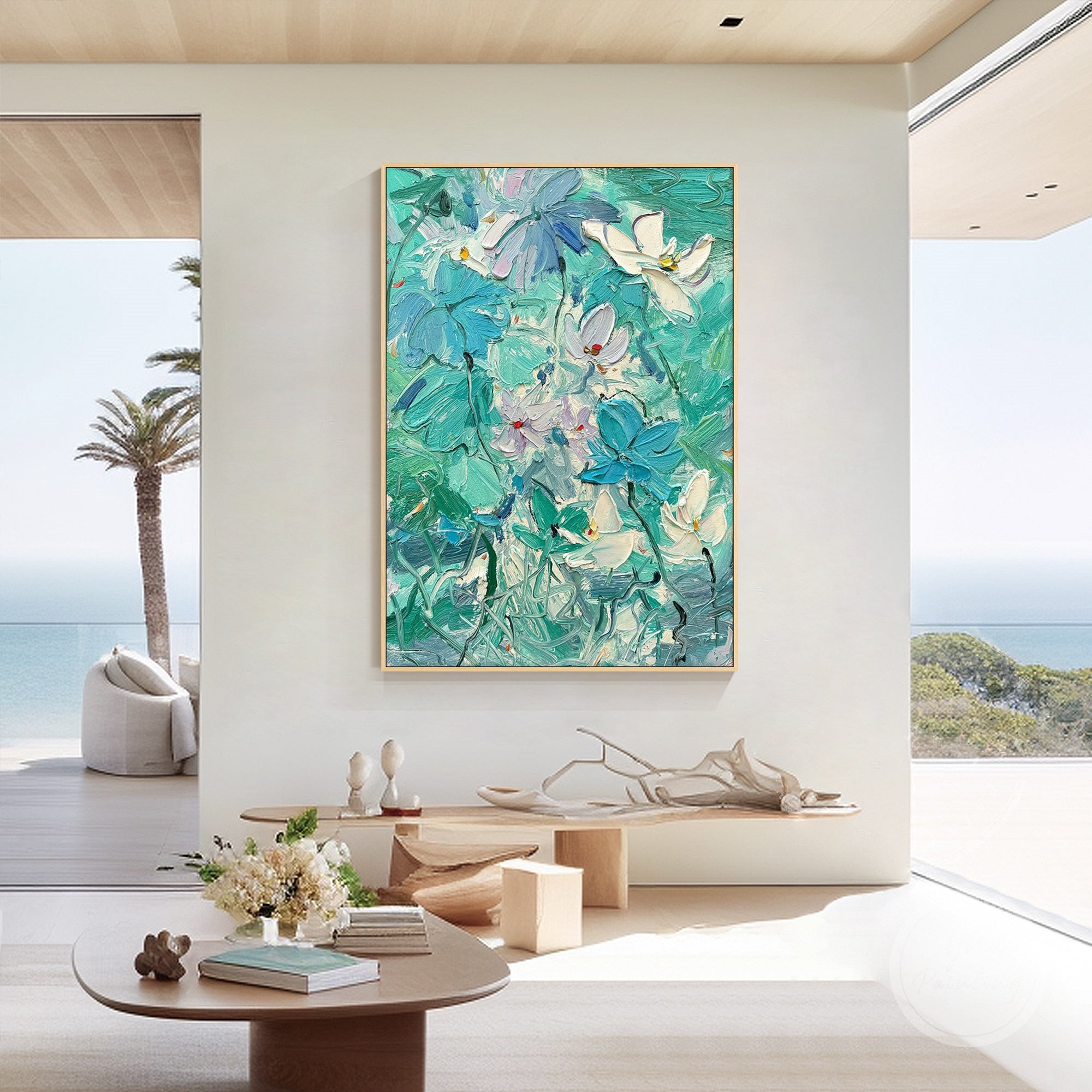 Teal floral painting on canvas featuring textured petals and elegant abstract design.