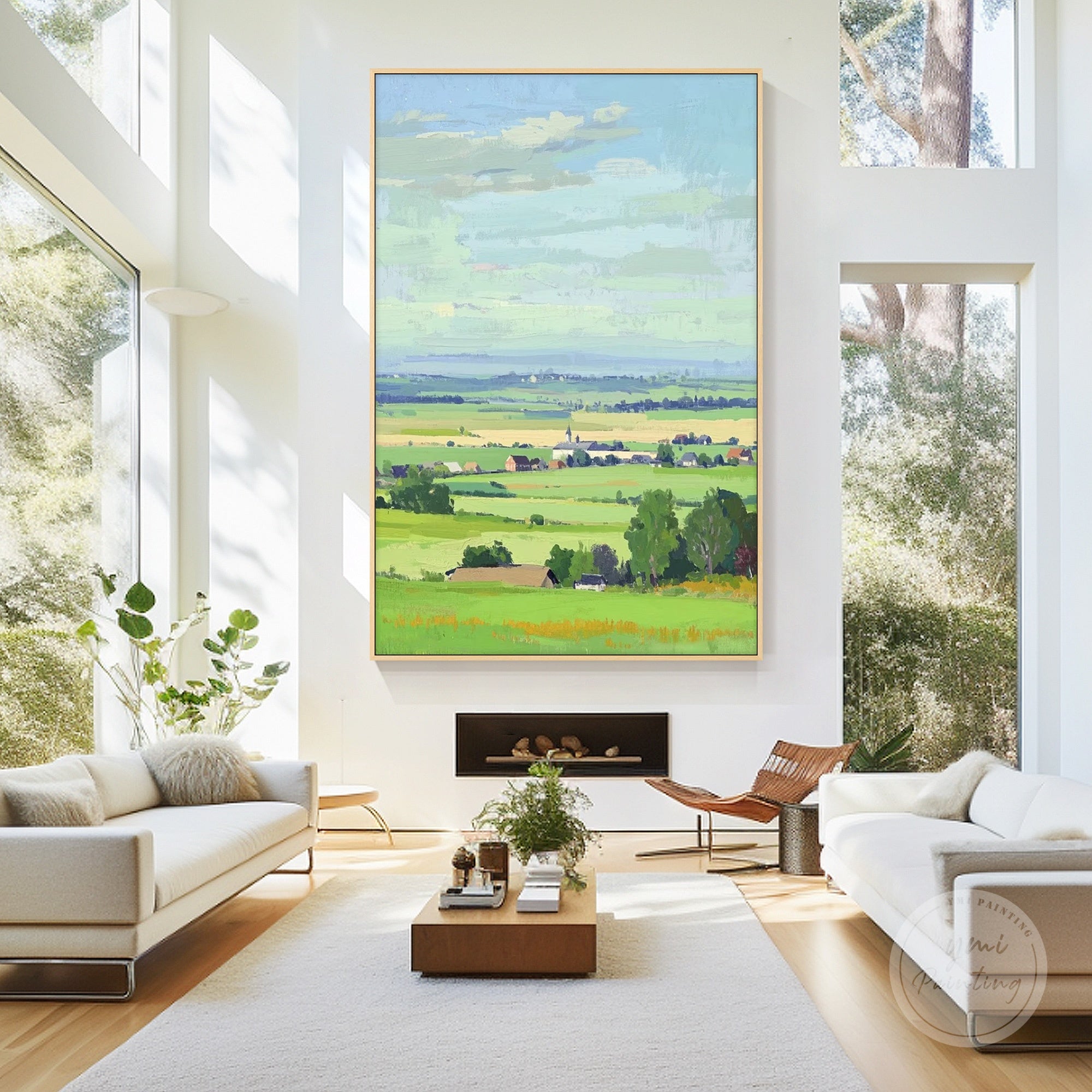 Original nature painting with layered green meadows and distant hills