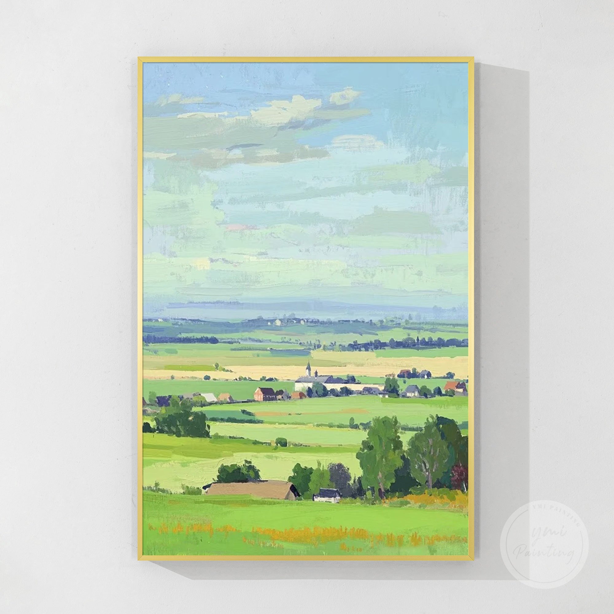 Original oil painting with harmonious green, blue, red, and white palette