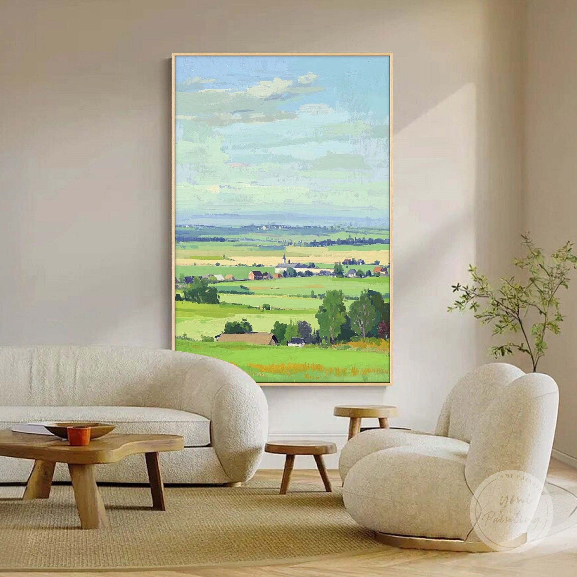 Vertical and horizontal landscape painting with blue sky gradient