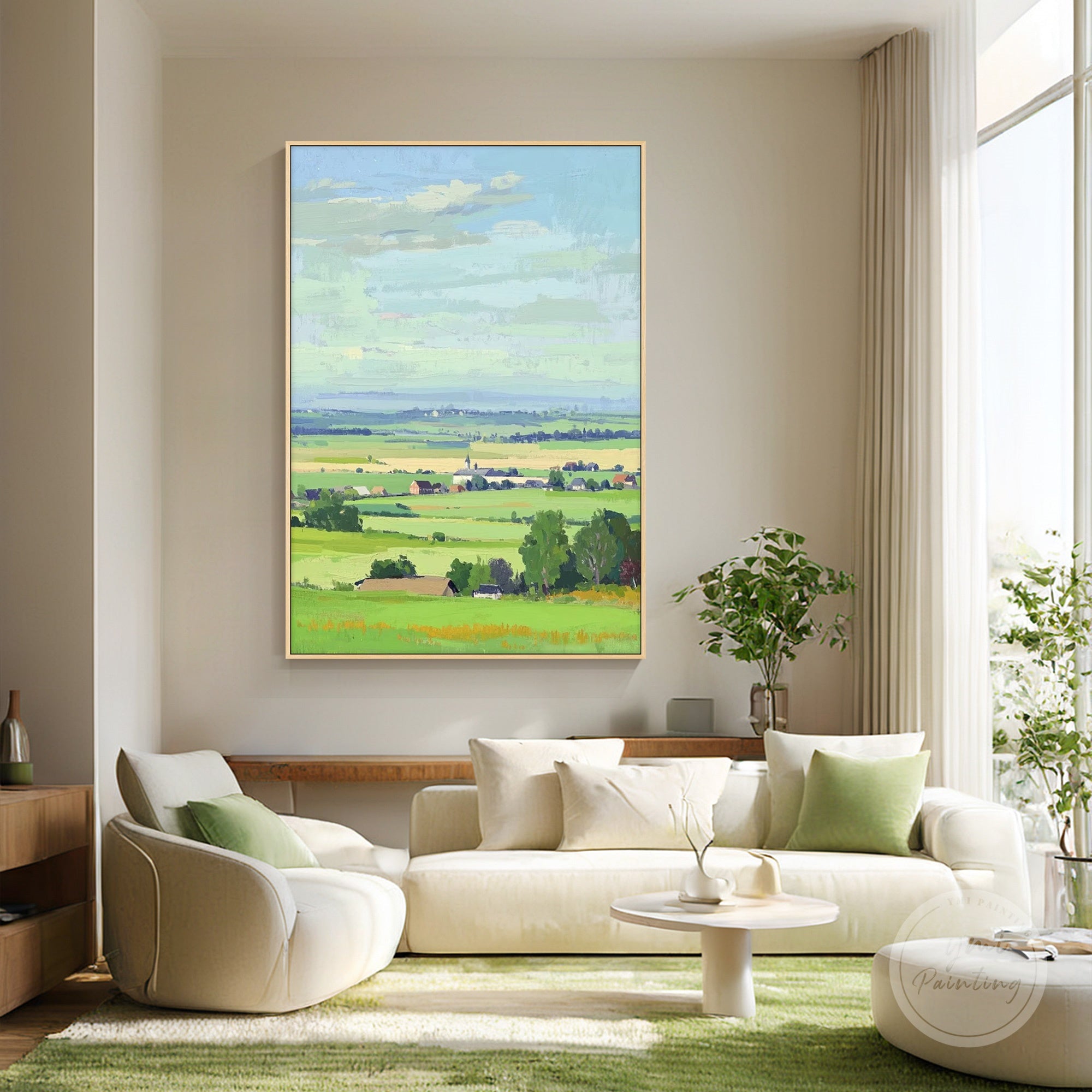 Handcrafted oil painting capturing serene rural scenery and sunlight