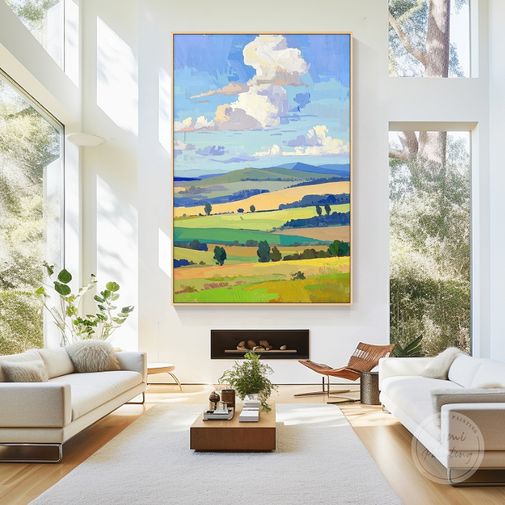 Impressionist countryside canvas wall art with white clouds and textured sky