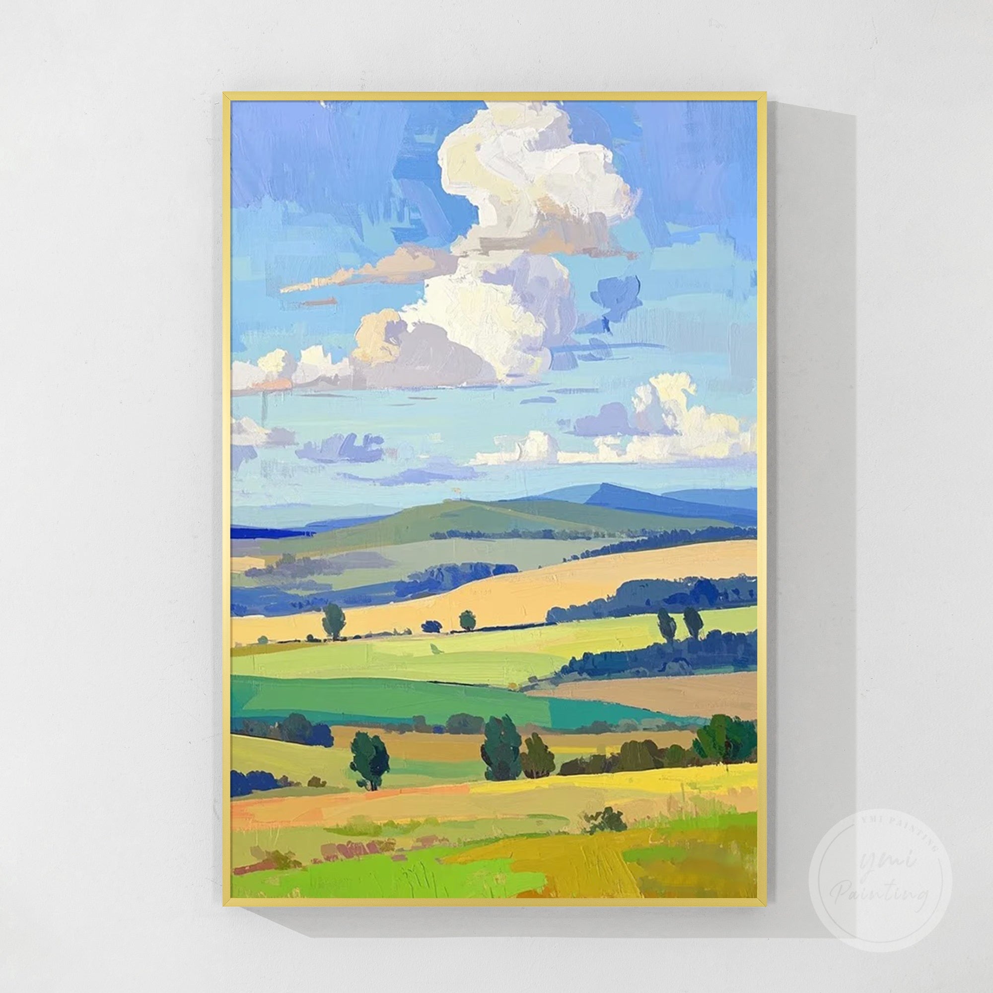 Original oil painting with harmonious blue, green, and golden palette