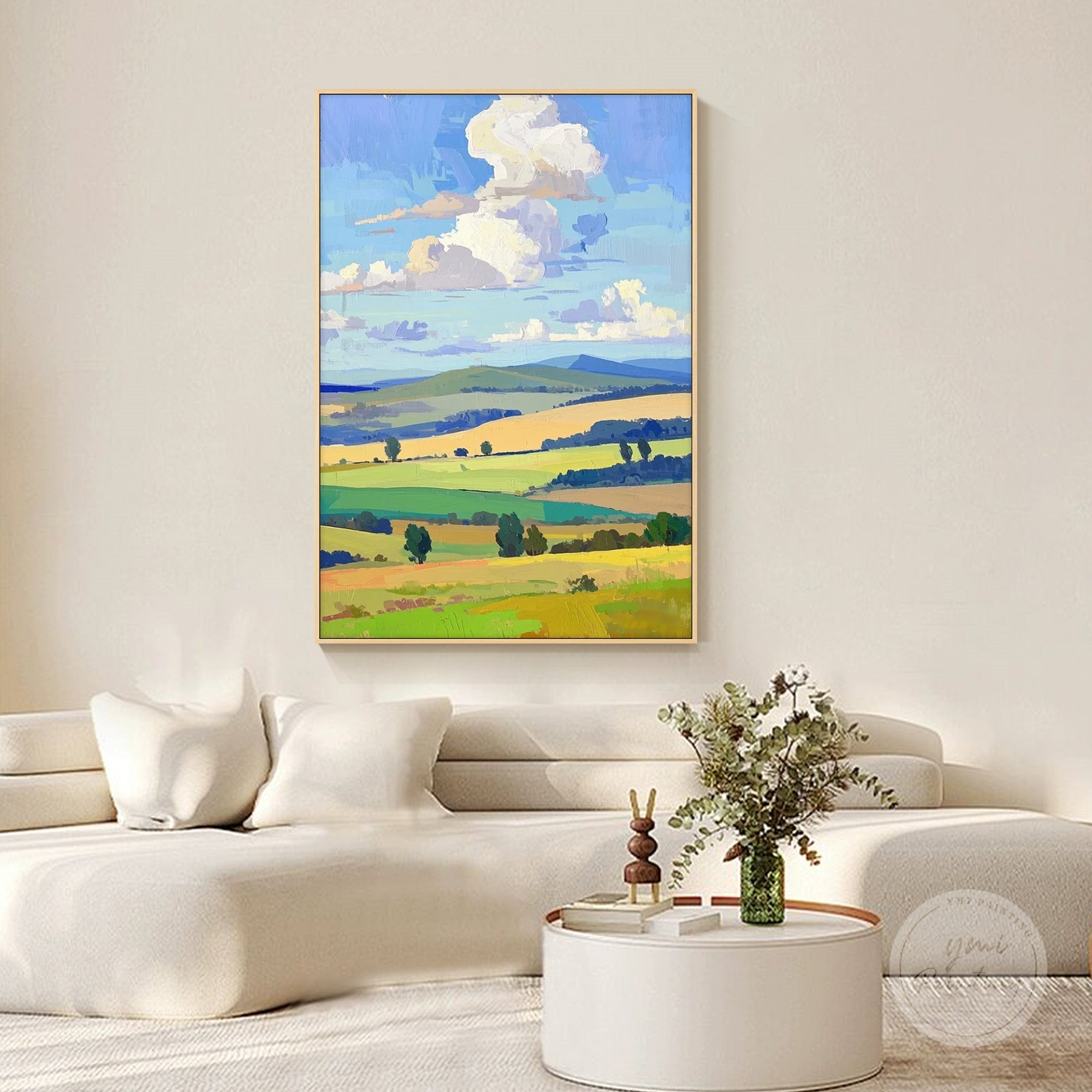 Original oil painting featuring rolling green hills and golden fields