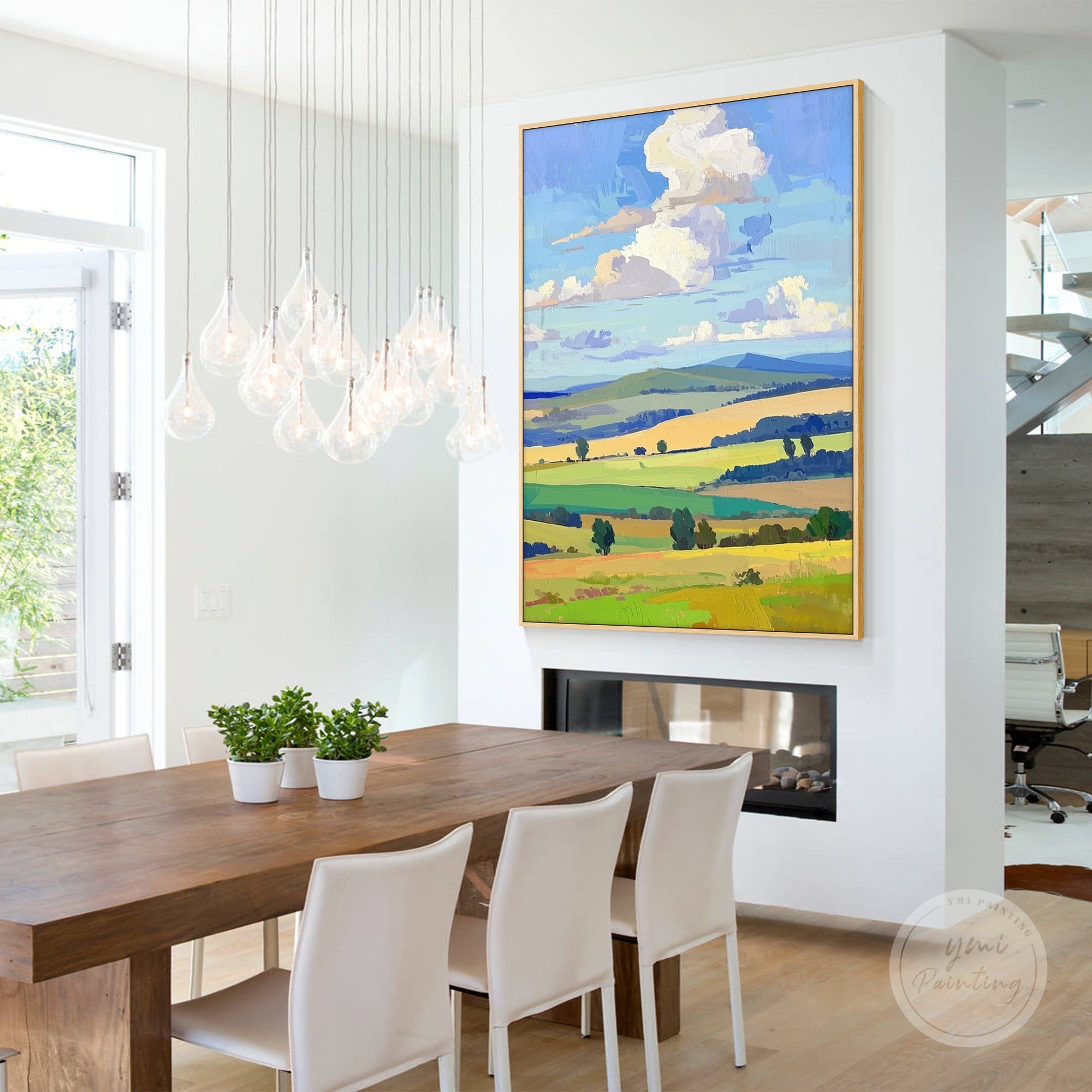 Thick impasto brushstrokes highlighting texture of clouds and hills