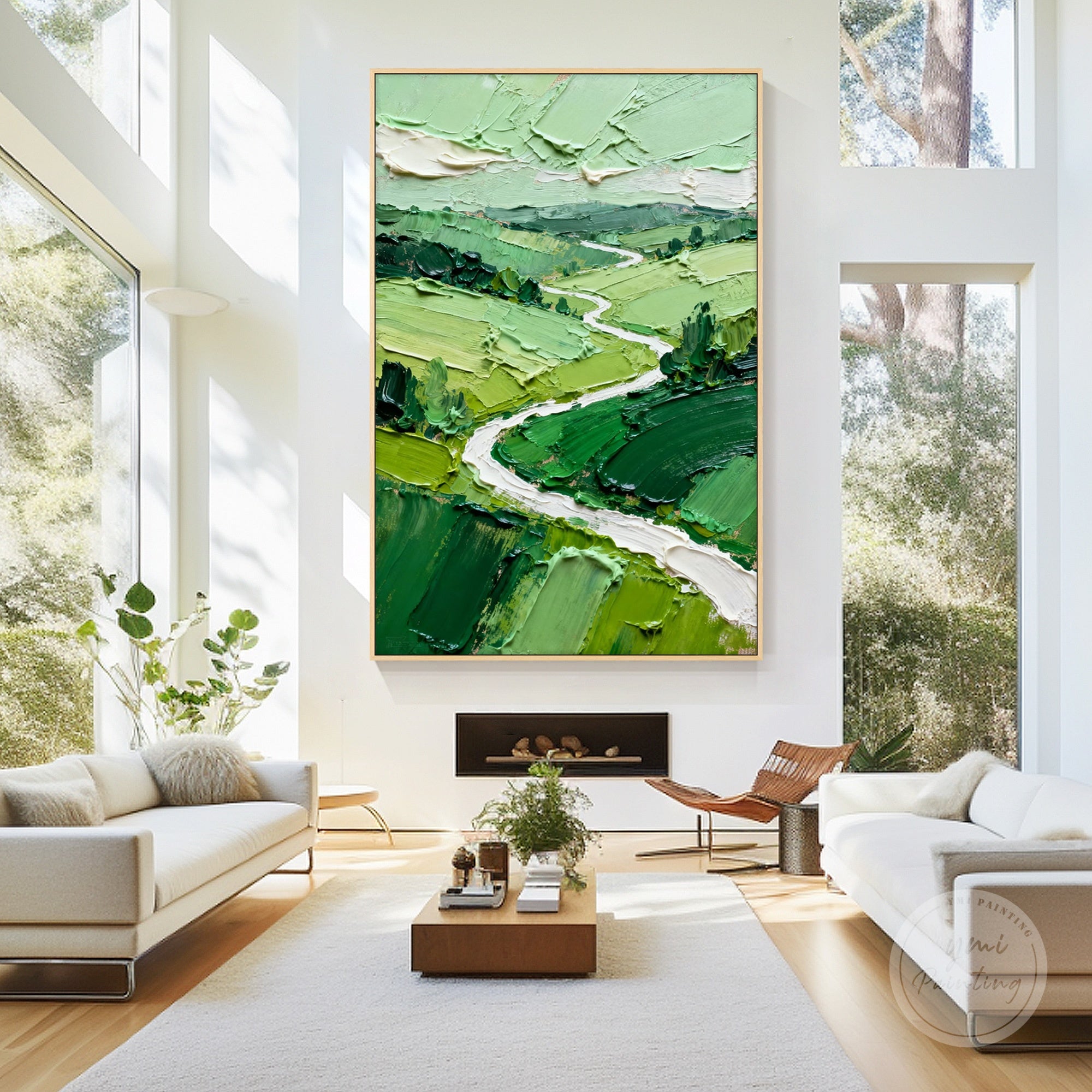 Expressionist canvas wall art featuring rolling green fields and textured brushstrokes