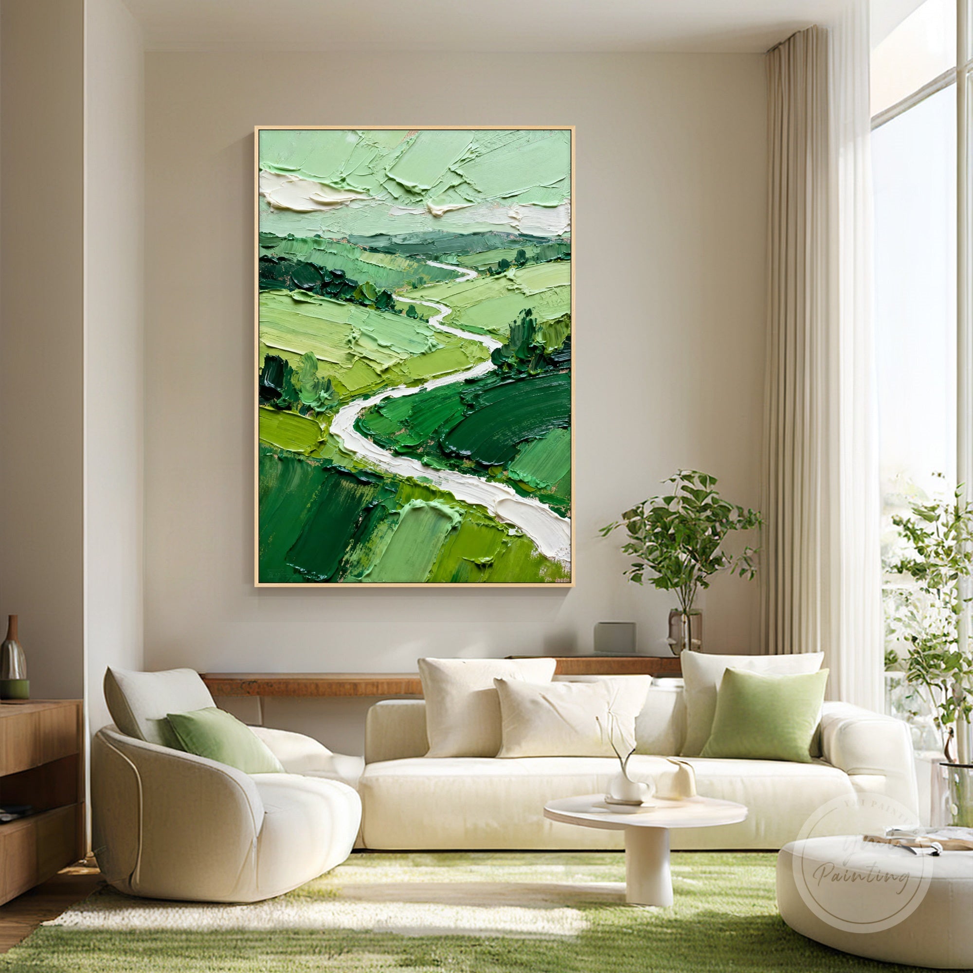 Original oil painting with layered green to yellow-green hills