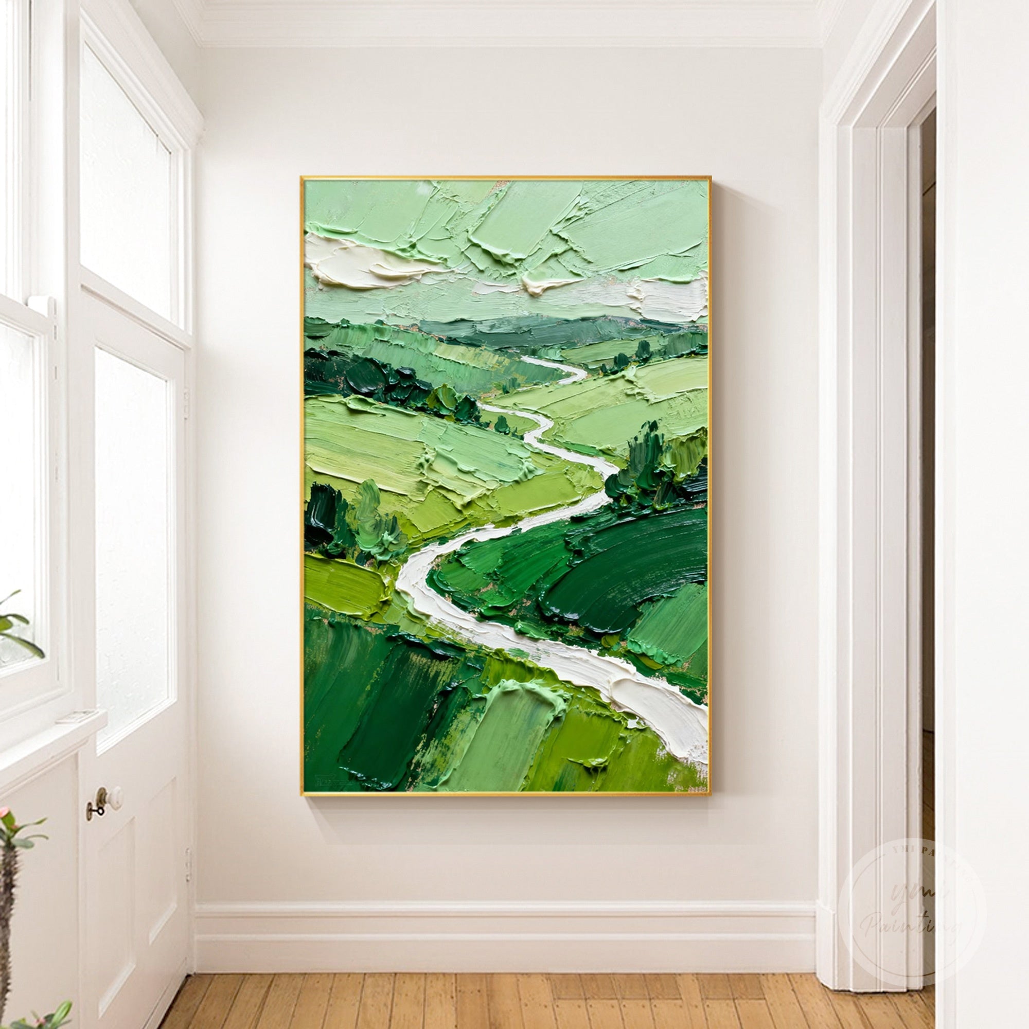 Panoramic landscape painting with winding white path leading to horizon