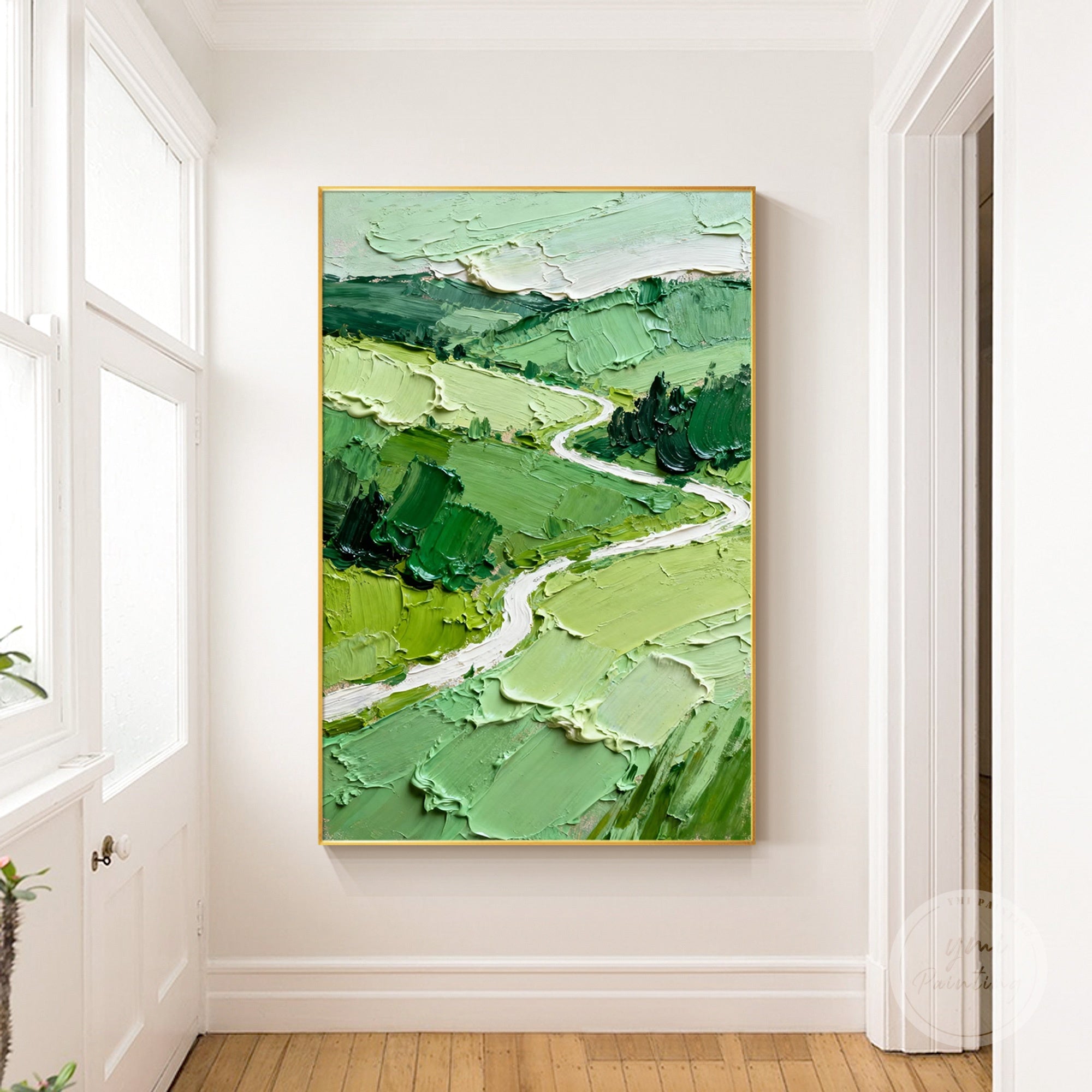 Expressionist canvas wall art featuring rolling green fields and textured brushstrokes