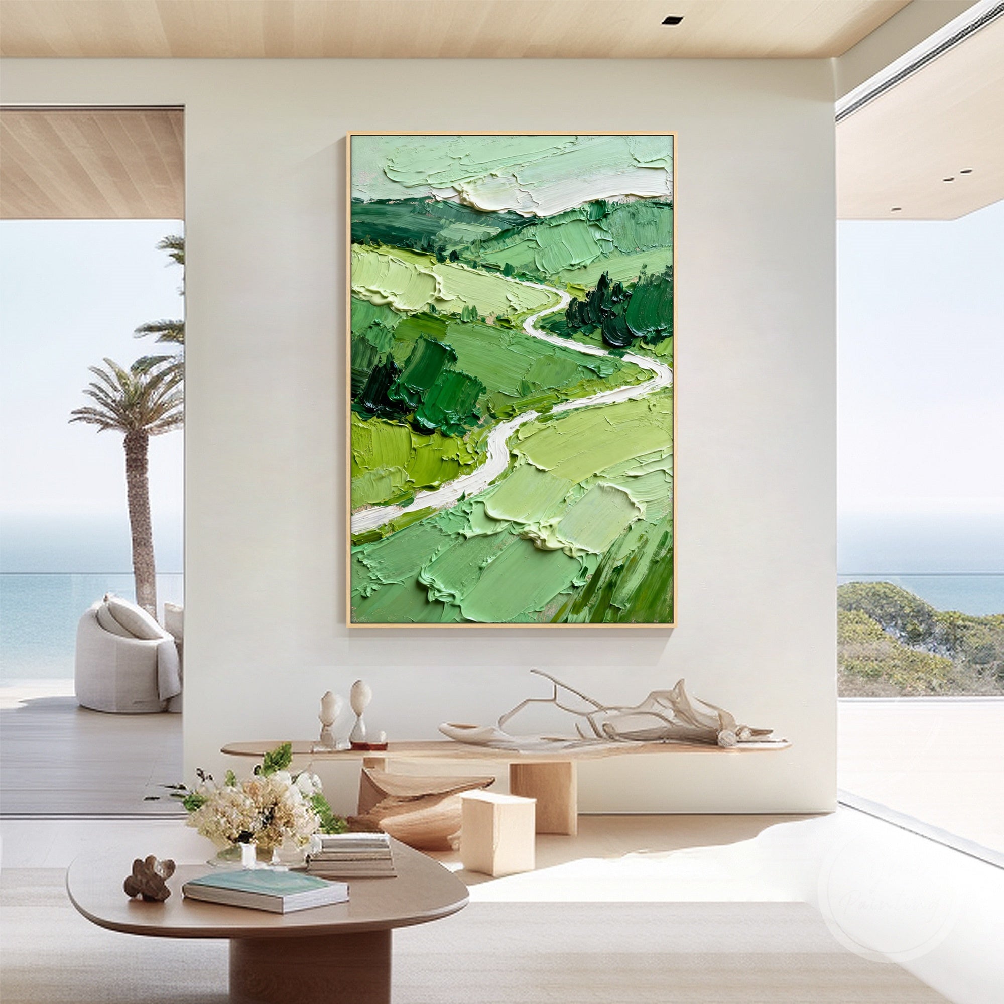 Handcrafted landscape canvas art with white path guiding viewer’s eye to horizon