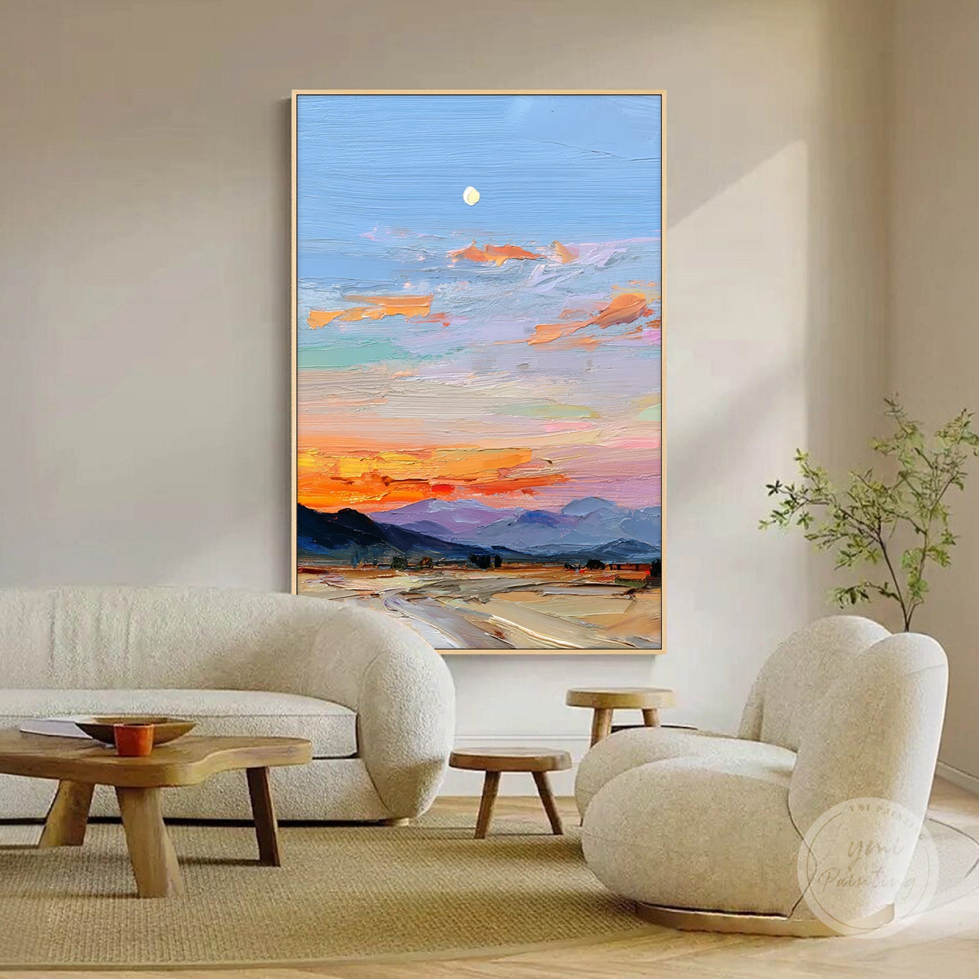 Orange, pink, and purple clouds over deep blue night sky painting