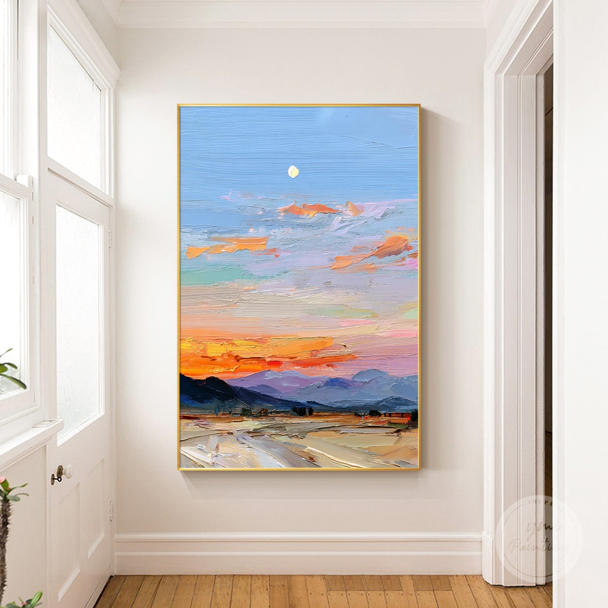 Hand-painted nature artwork with layered distant mountains