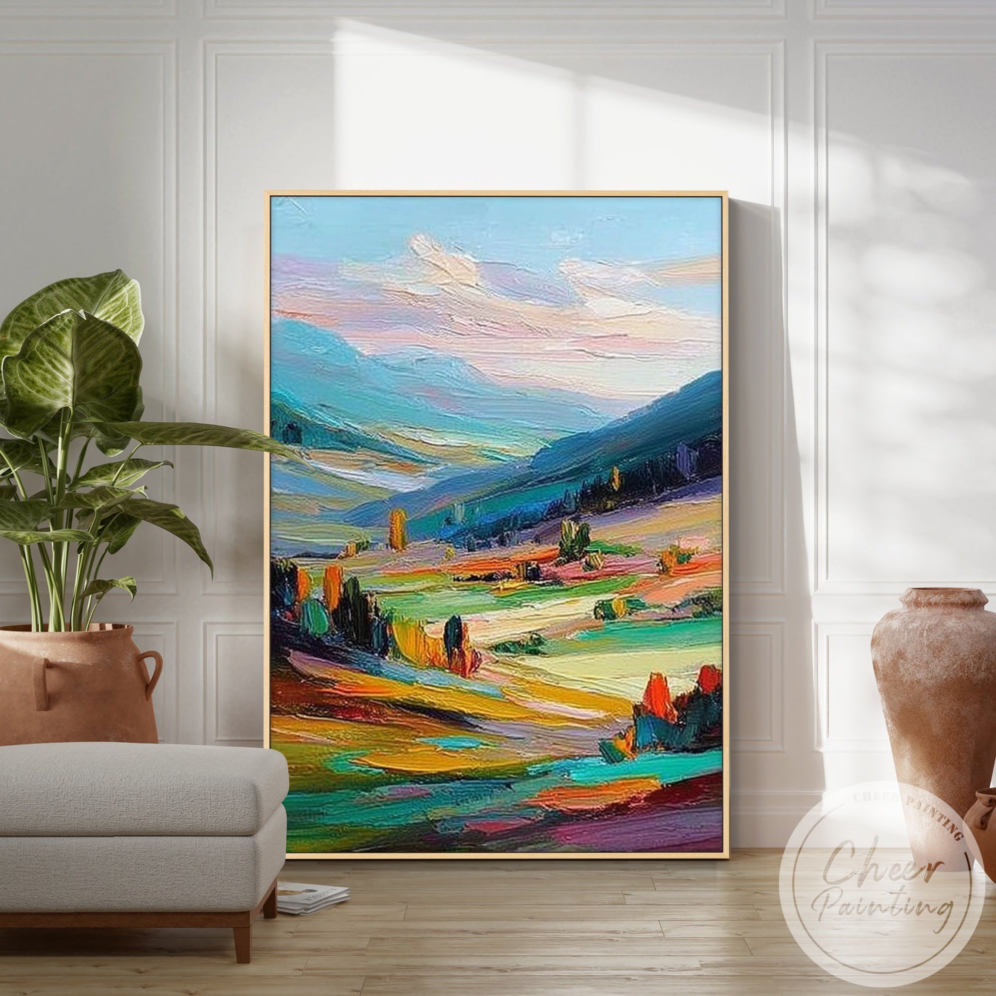 colorful field and mountain abstract painting