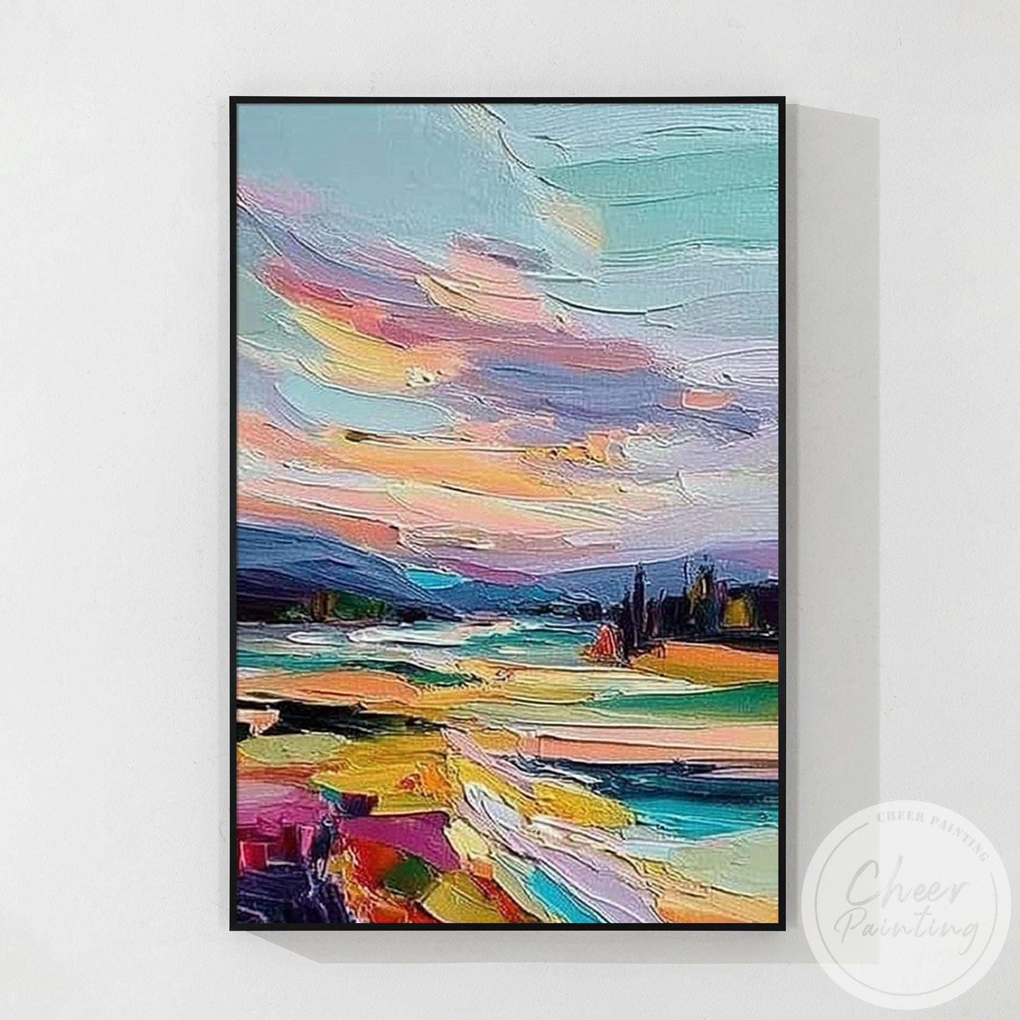 colorful river landscape painting sunset impressionist art