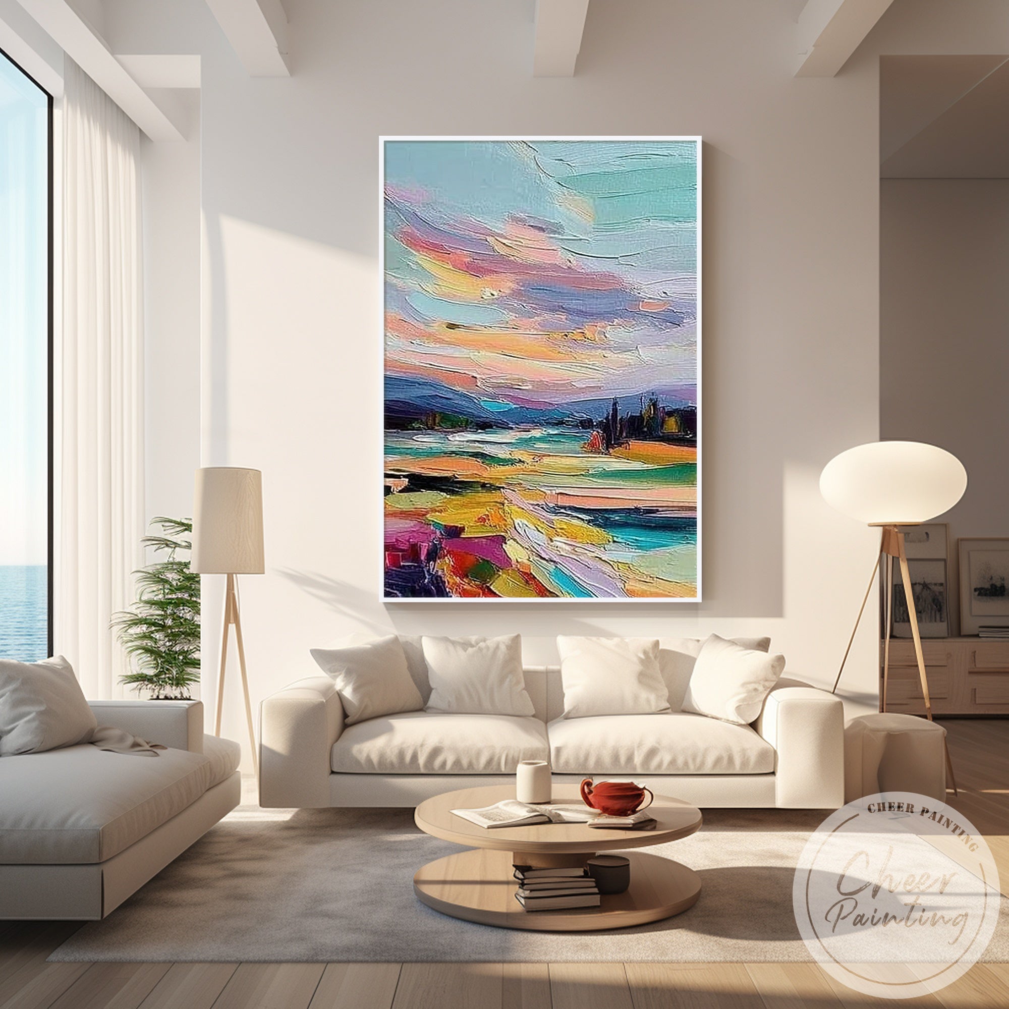 sunset river painting colorful abstract style