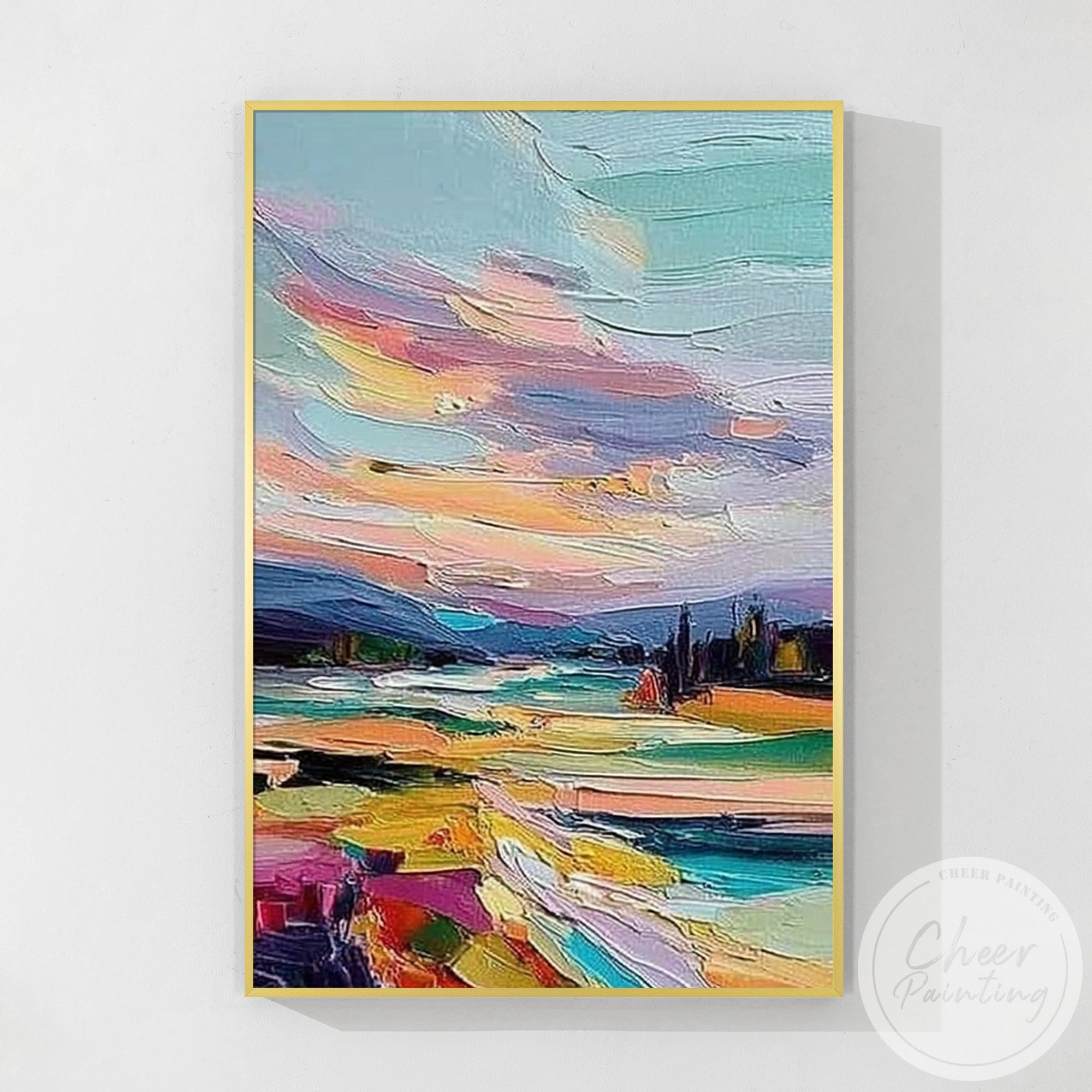 Colorful River Landscape Painting Sunset Impressionist Wall Art