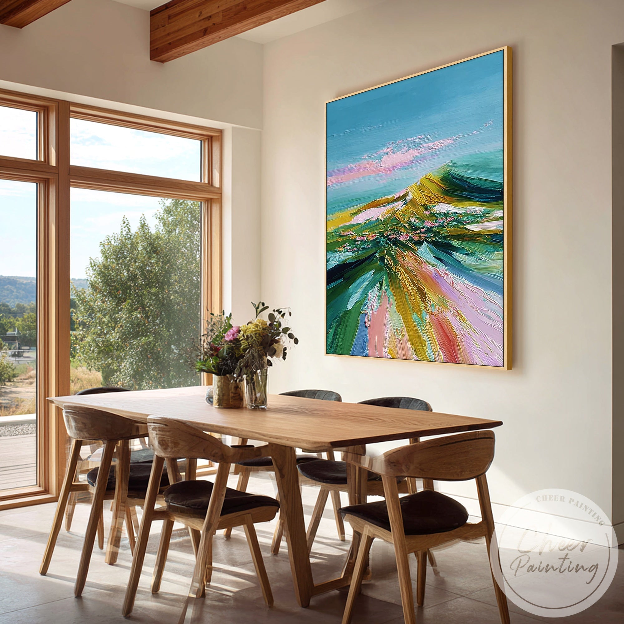 modern abstract field painting with bold green yellow and pink textures