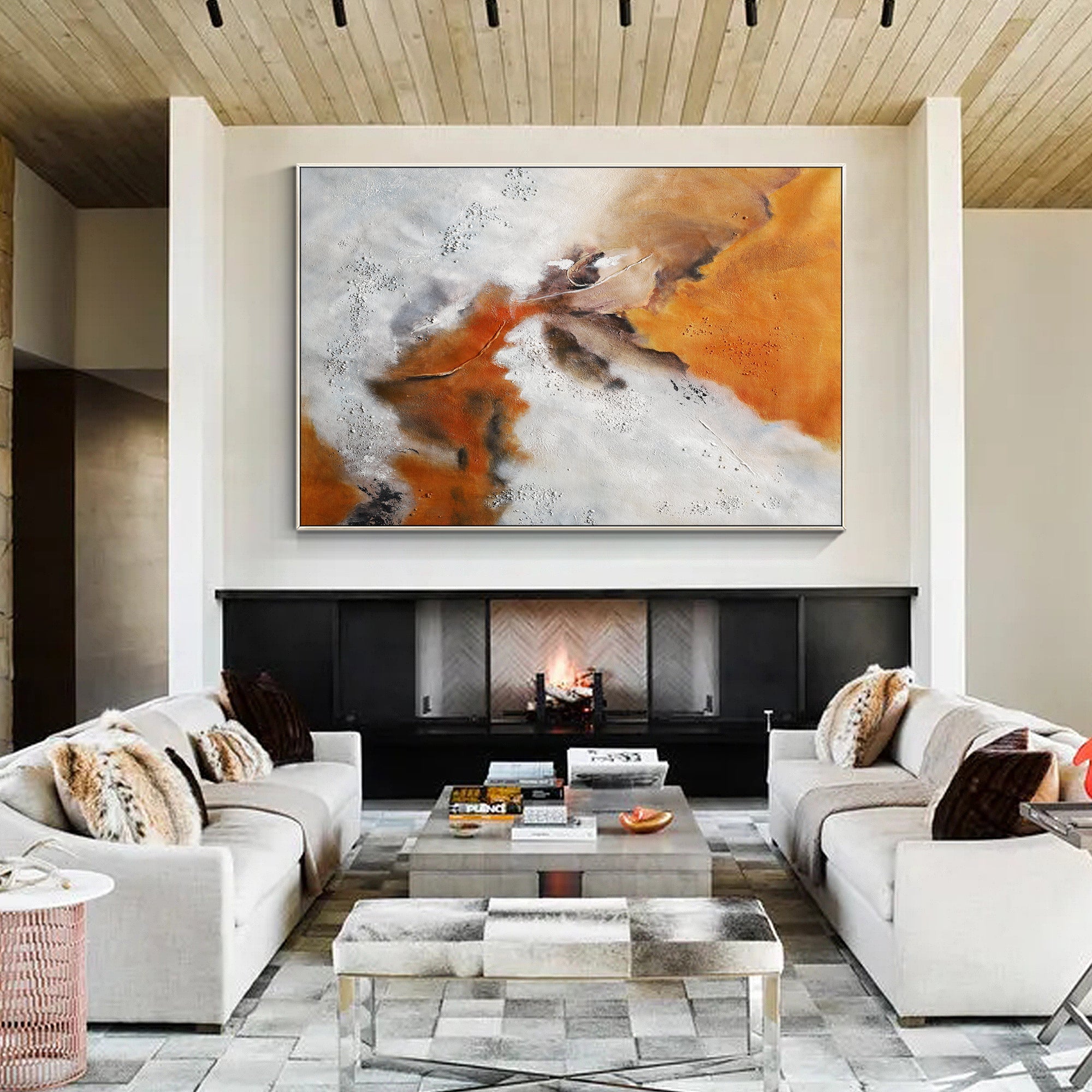 Warm tone abstract wall art in orange white and brown for living room interior
