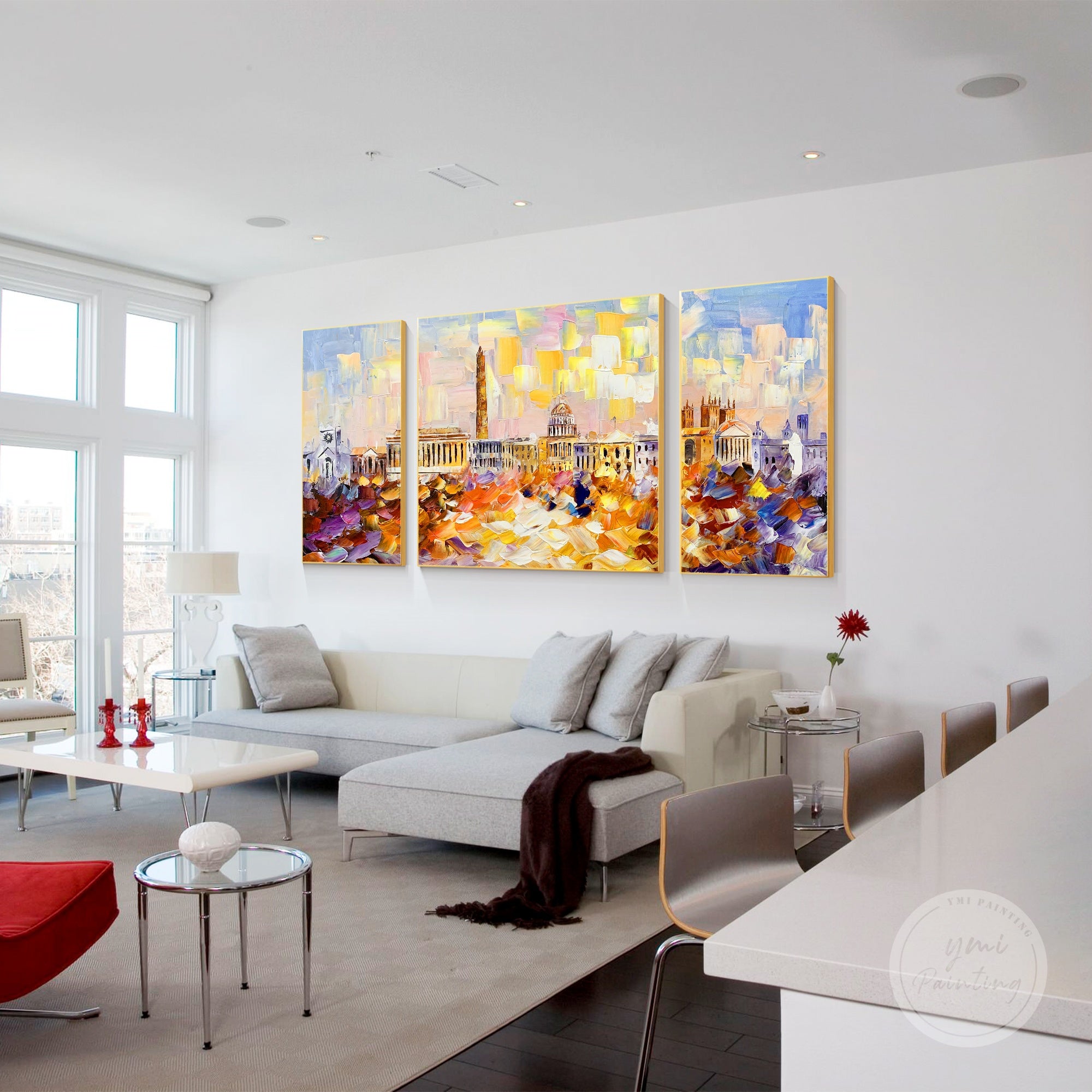 Hand-painted Washington DC cityscape, set of 3 original palette knife paintings capturing the skyline.