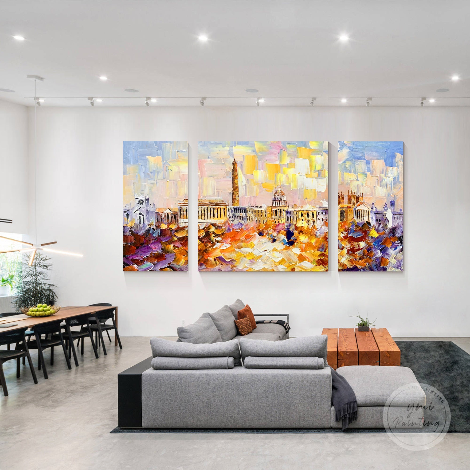 Original Washington DC city skyline art, hand-painted in palette knife technique across three canvas pieces.