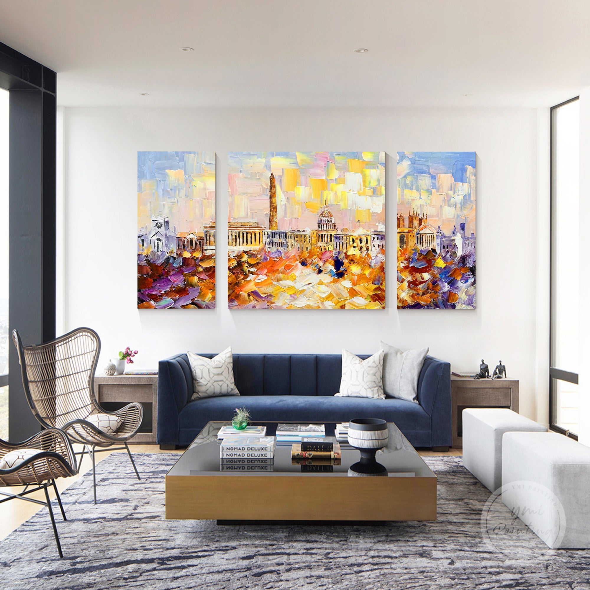 Set of 3 Washington DC skyline paintings, with original palette knife texture and dynamic brushstrokes.
