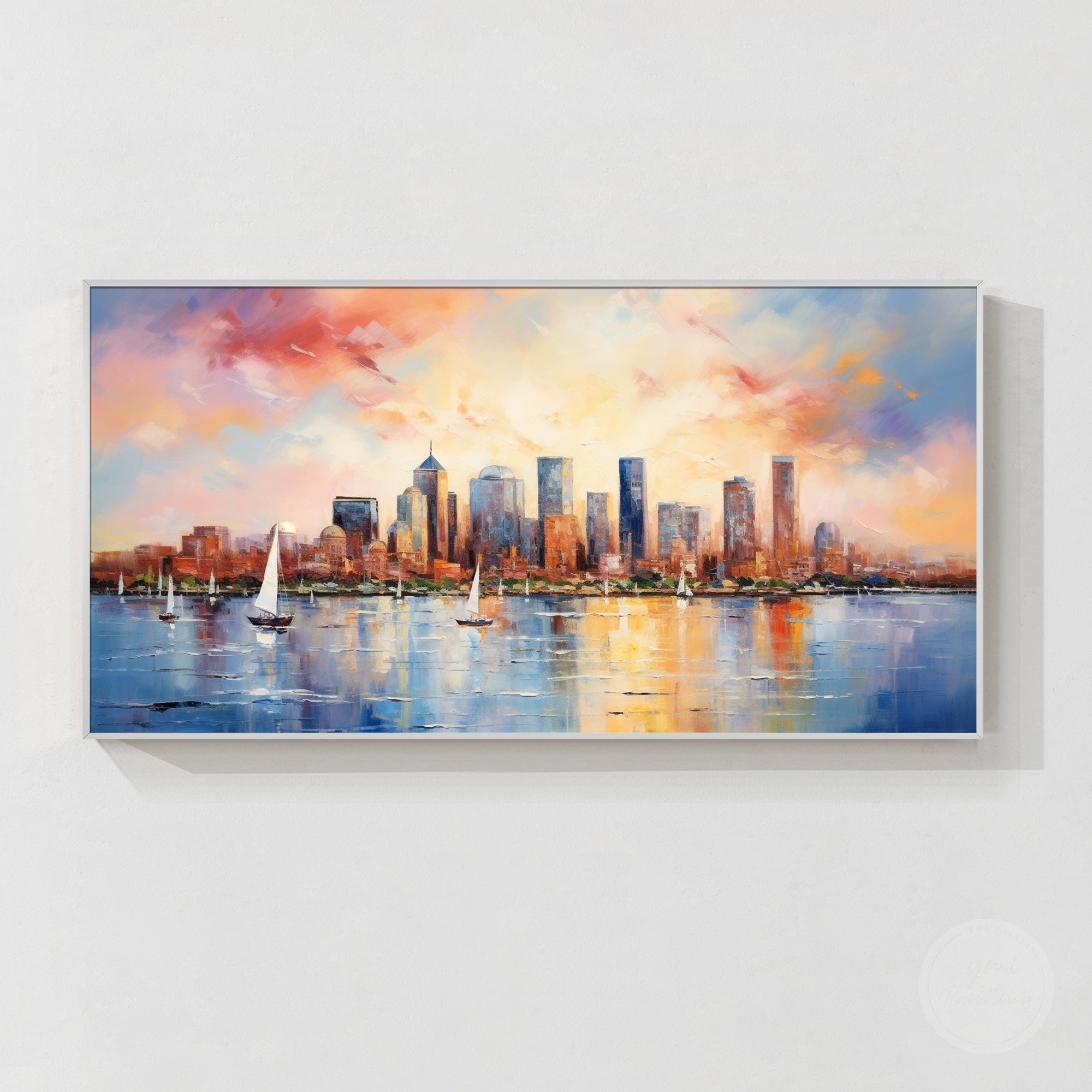 Coastal cityscape wall decor with harbor reflections