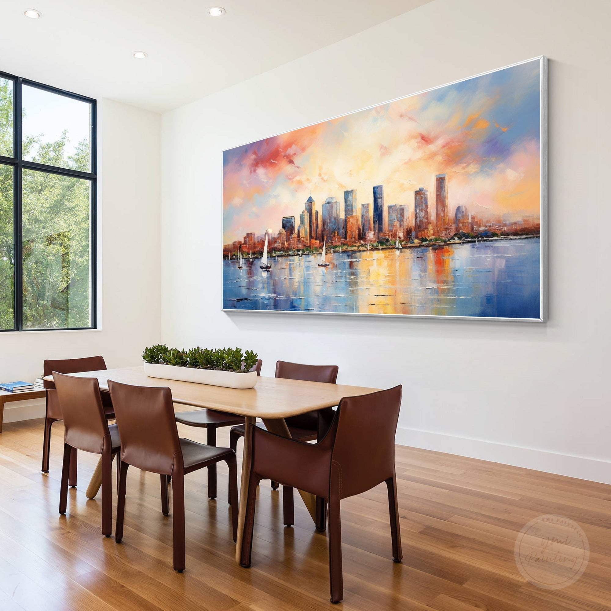 Handmade urban landscape painting of Boston city view