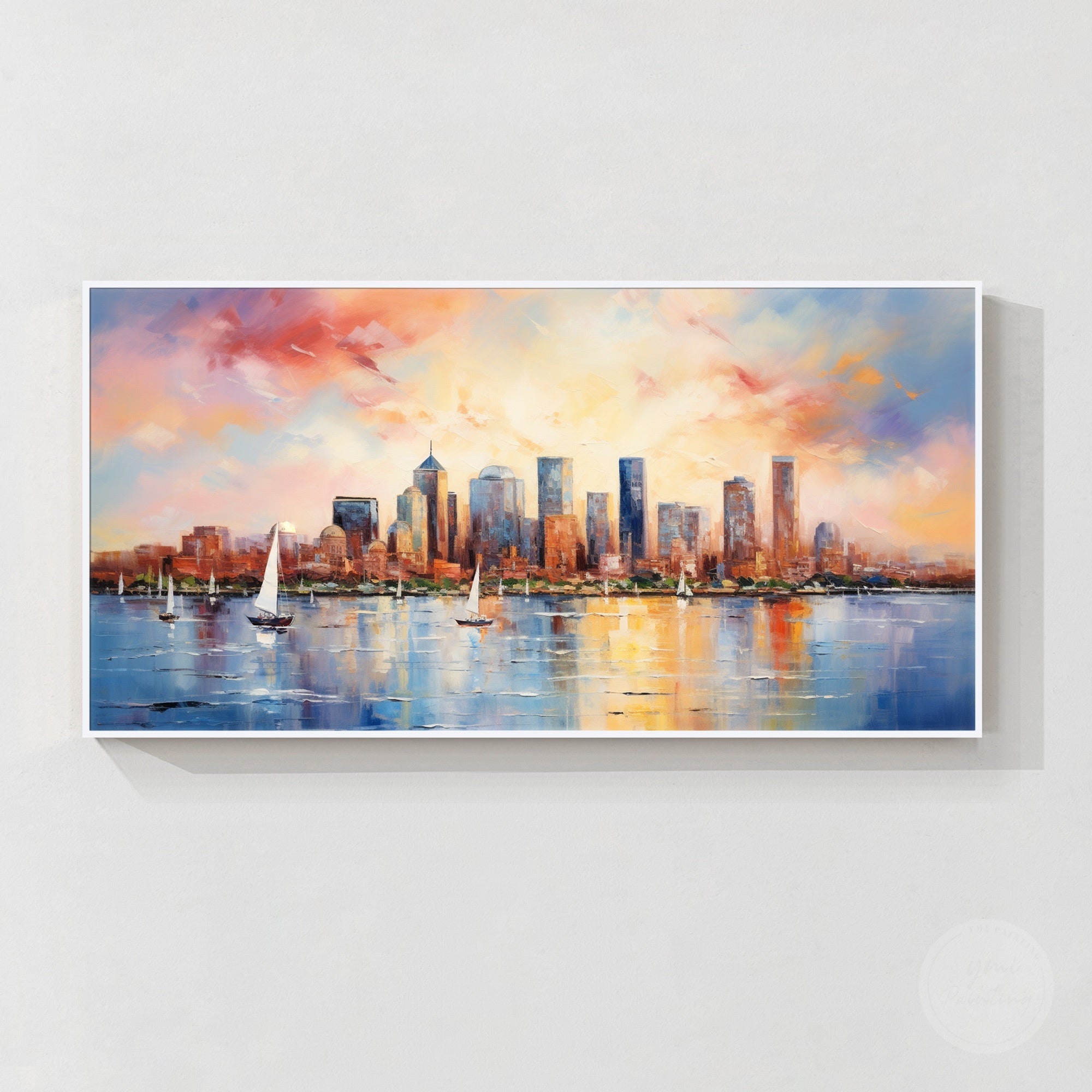 Hand painted Boston skyline harbor sunset canvas wall art