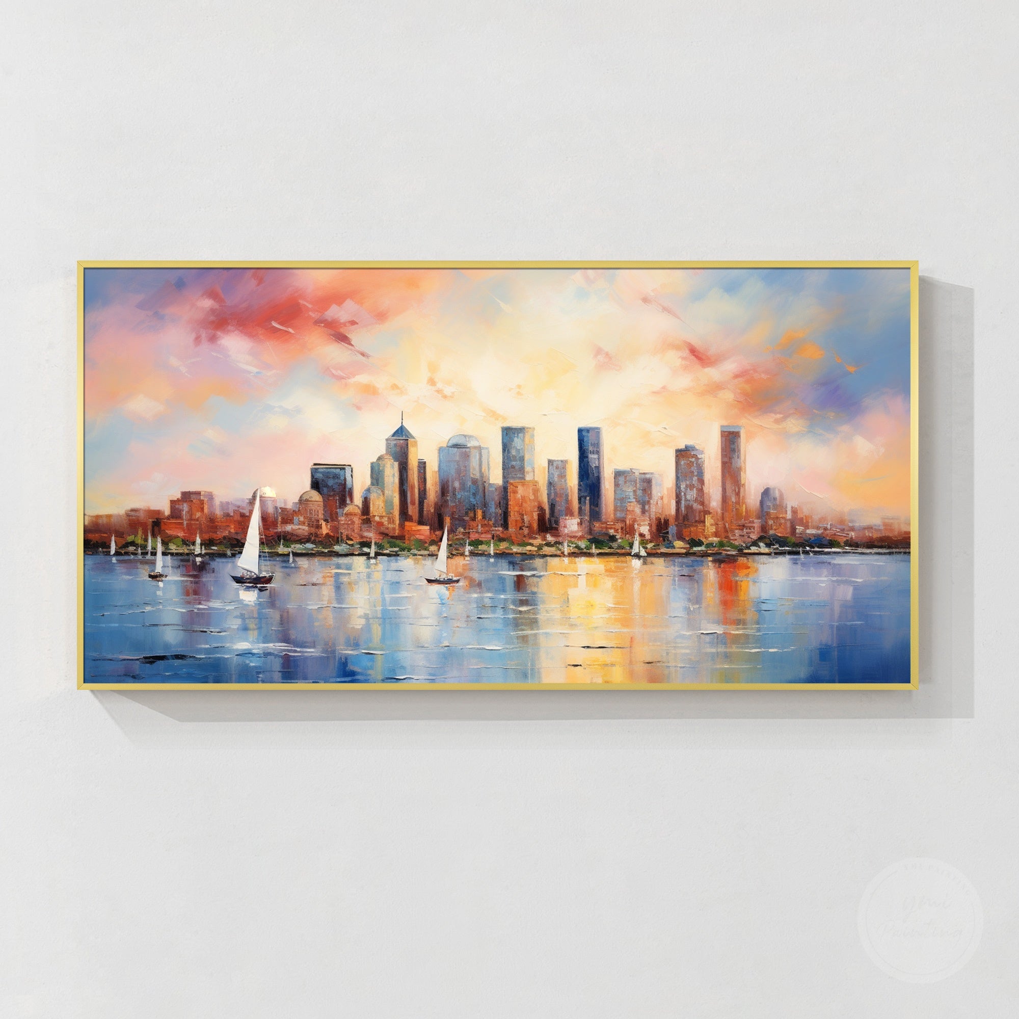 Original city skyline painting with warm sunset colors
