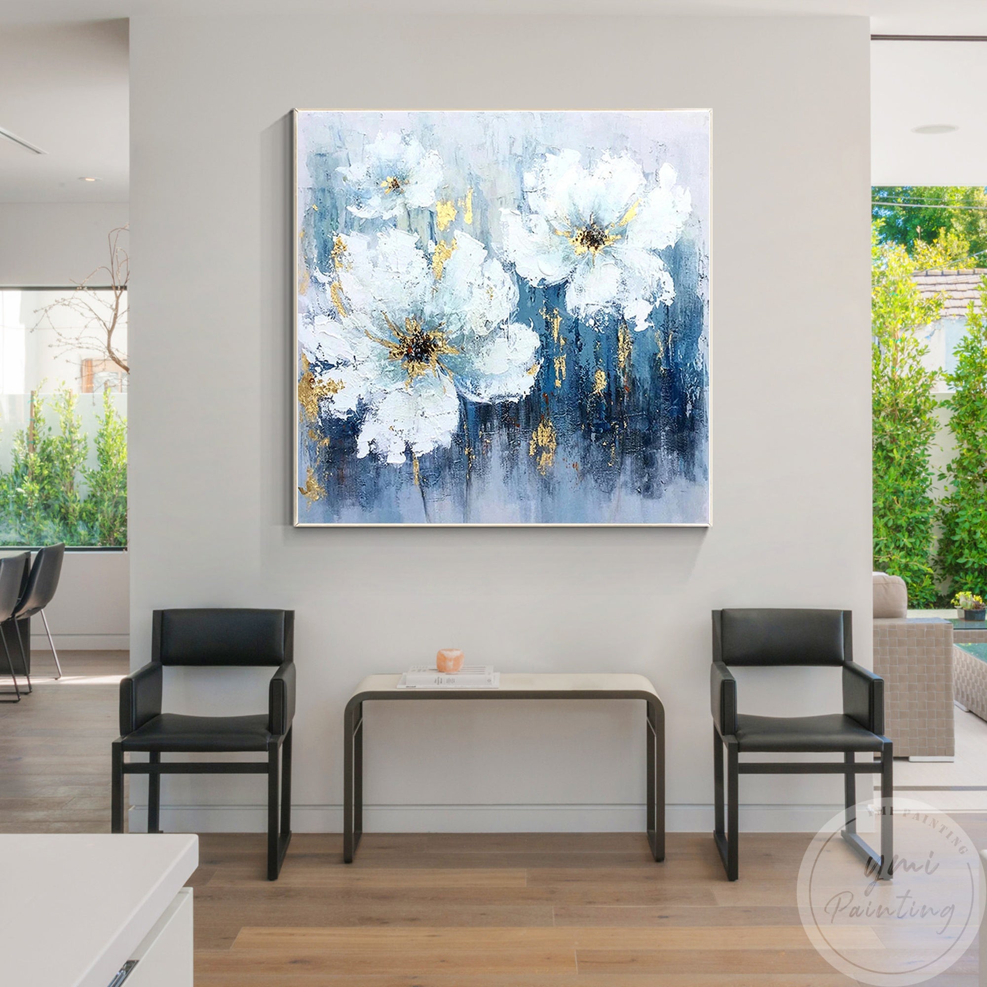 Add depth and elegance to your living space with this textured floral painting in blue, grey, and gold tones.