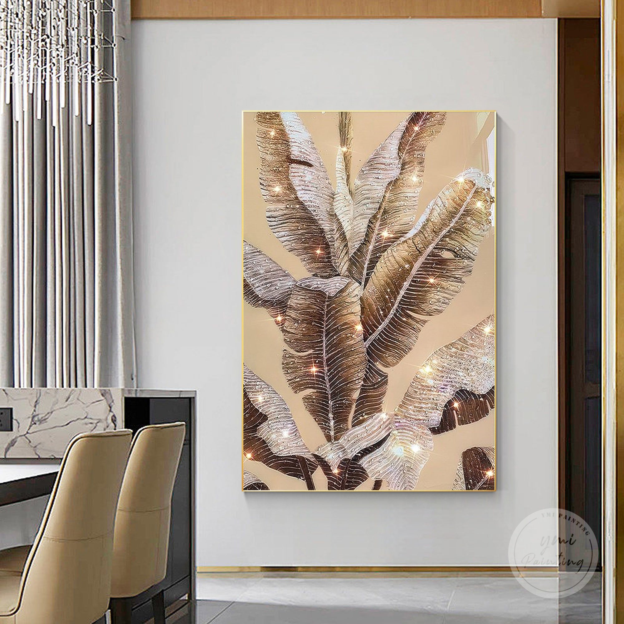 Large tropical banana leaf resin painting with sparkling glitter accents.