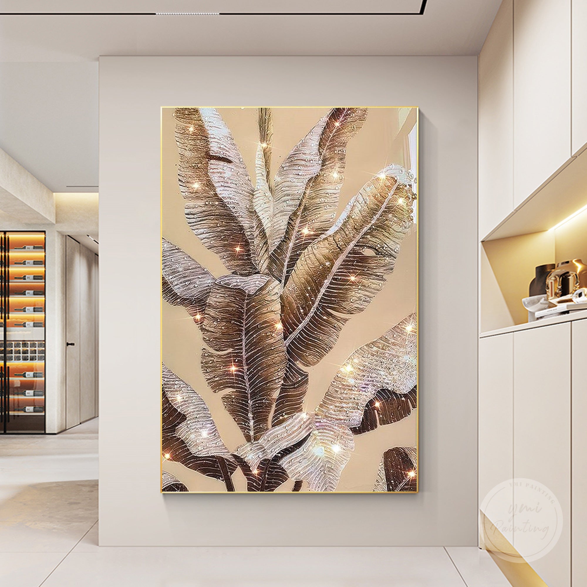 Oversized banana leaf wall art with silver glitter and 3D crystal details.