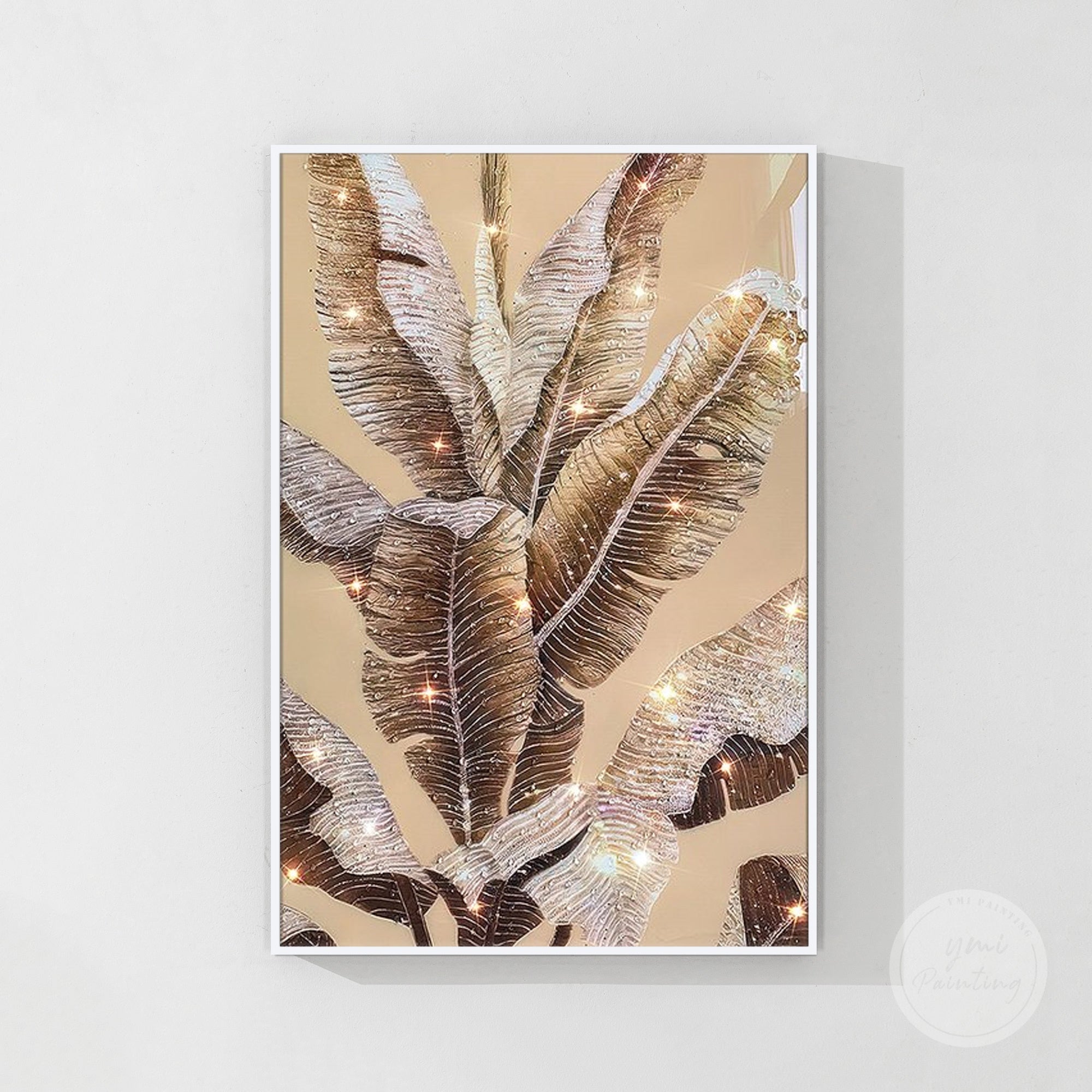 Large banana leaf resin artwork creating depth, shine, and dimension.