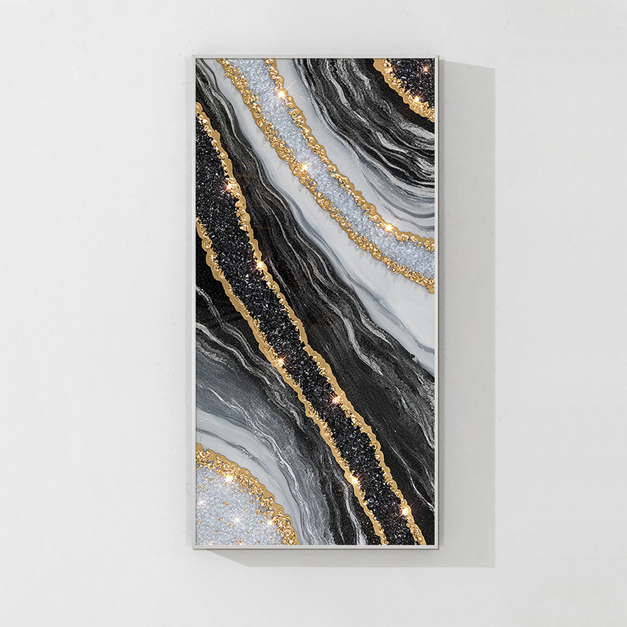 XLarge black and gold geode resin wall art with gold leaf crystals.