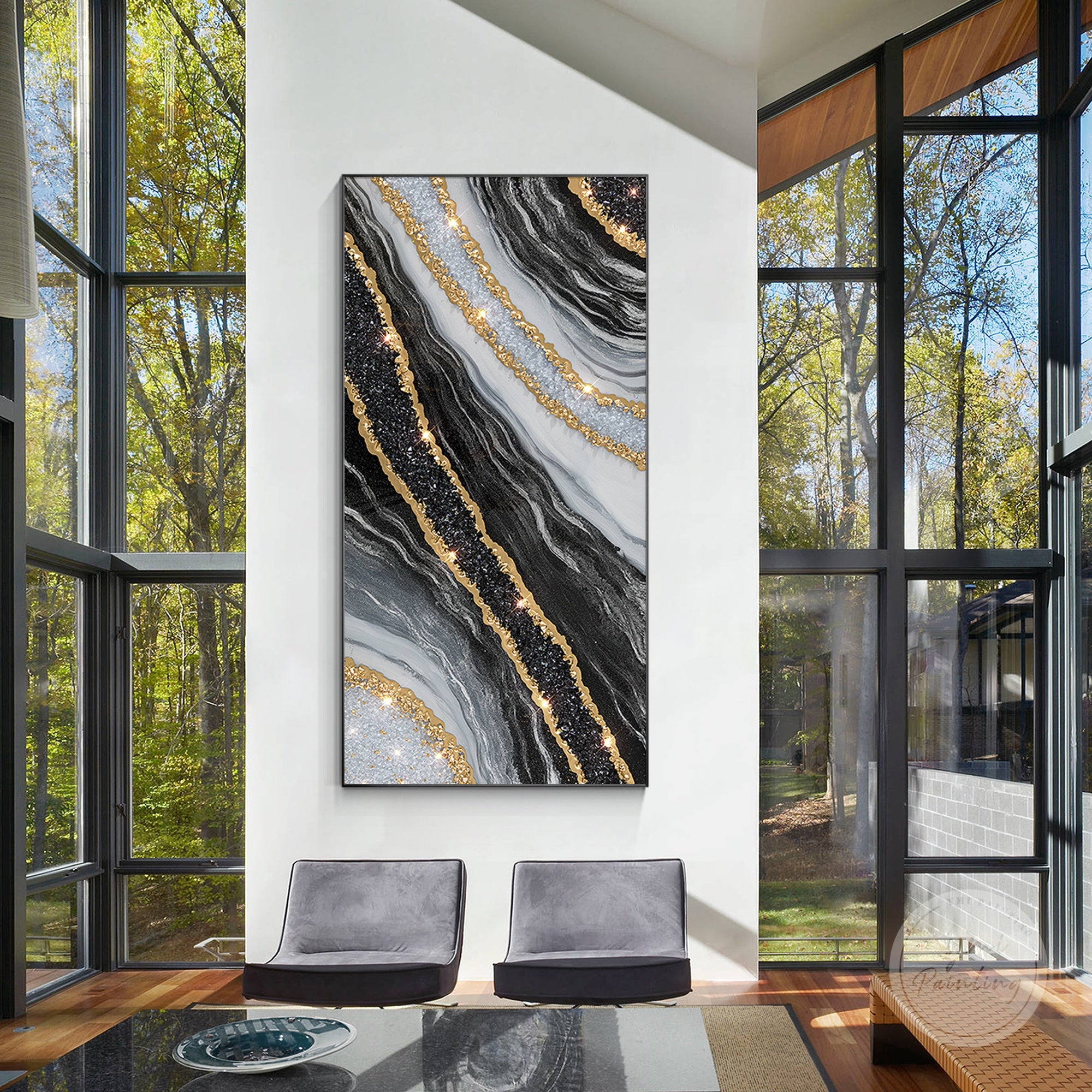 XL resin painting with gold leaf crystal details for living rooms.