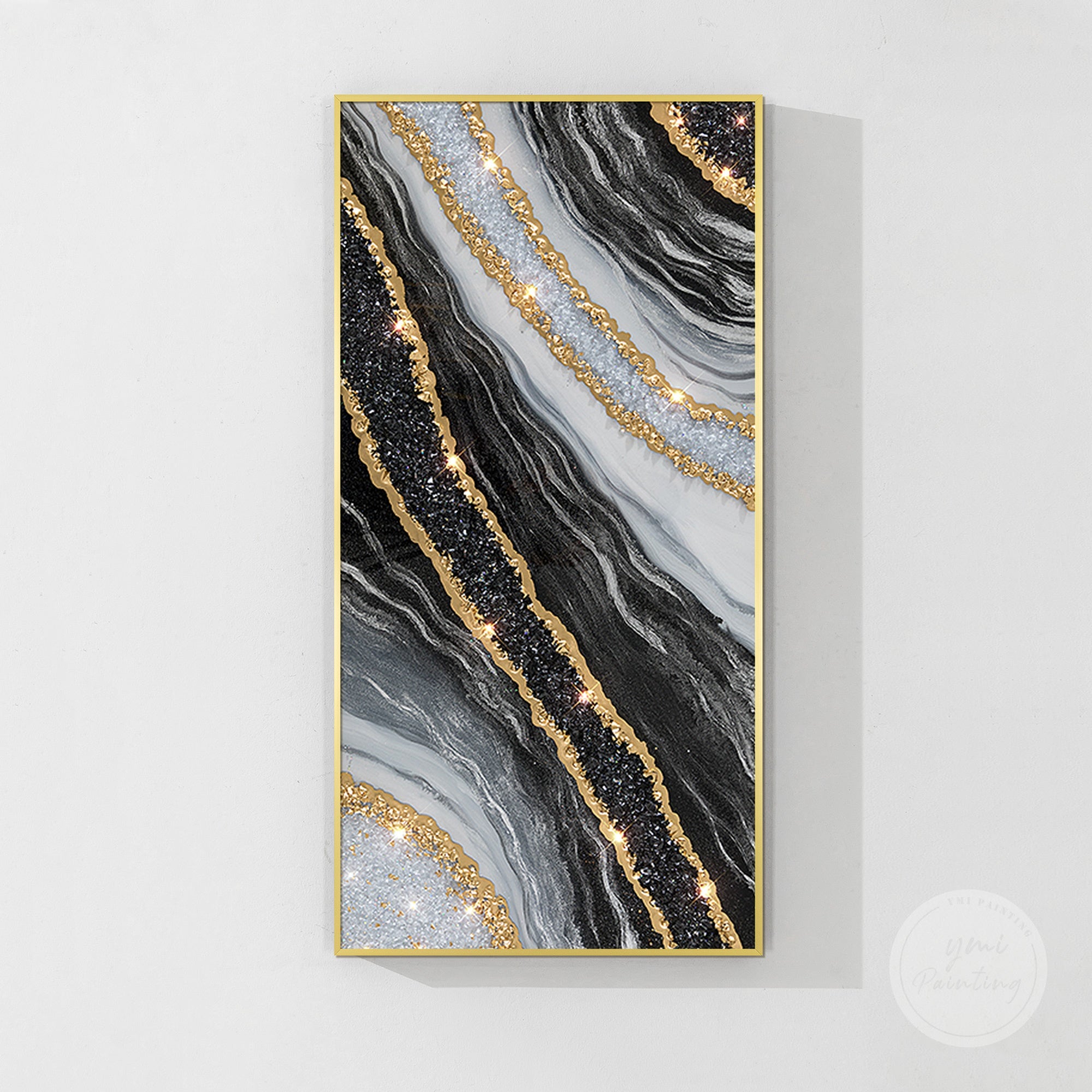 Black and gold geode resin painting ideal for modern interiors.