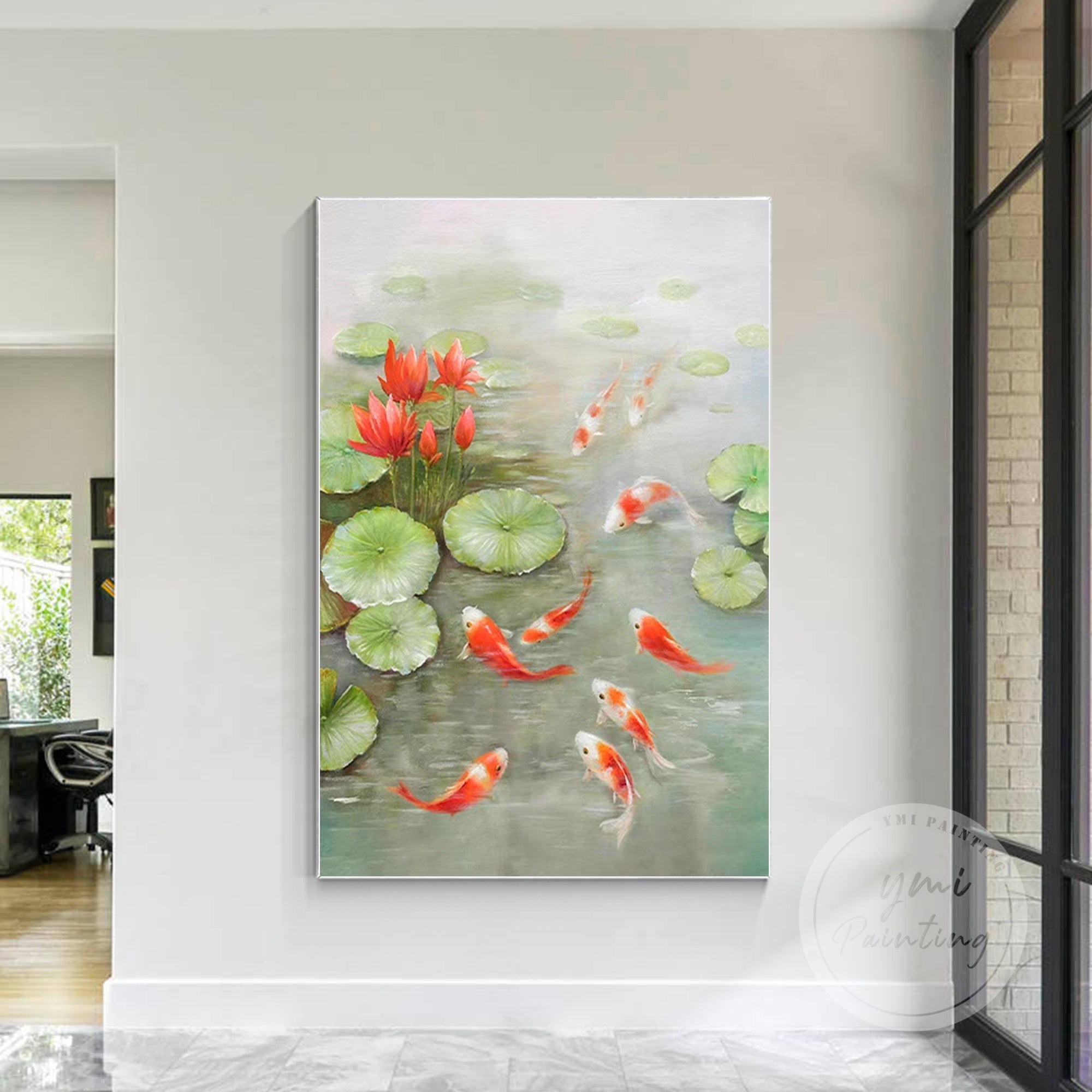 Abstract 9 Koi Fish Canvas Art with a striking red palette and fluid motion, representing prosperity and spiritual growth.