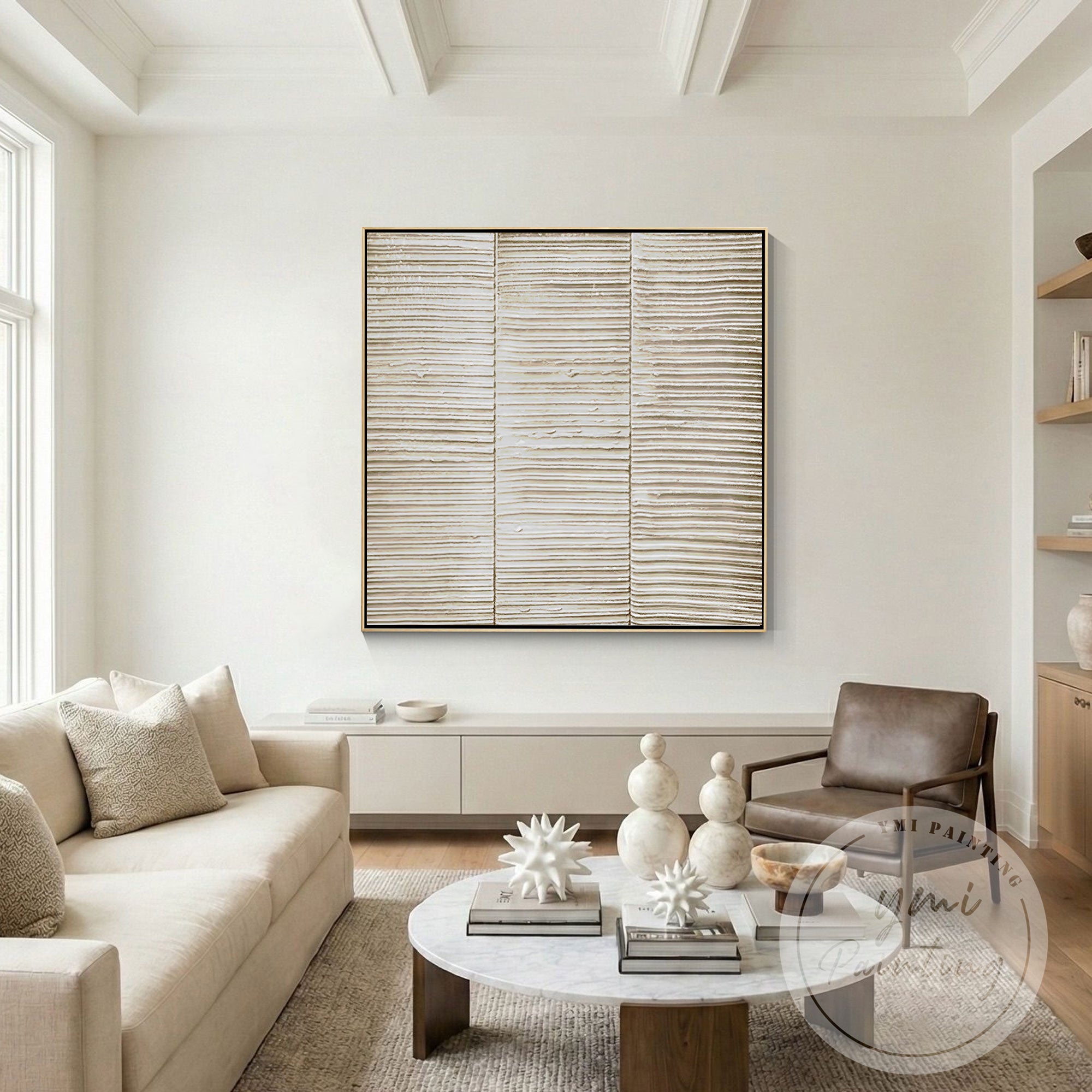 Beige abstract horizontal line wall art close-up texture