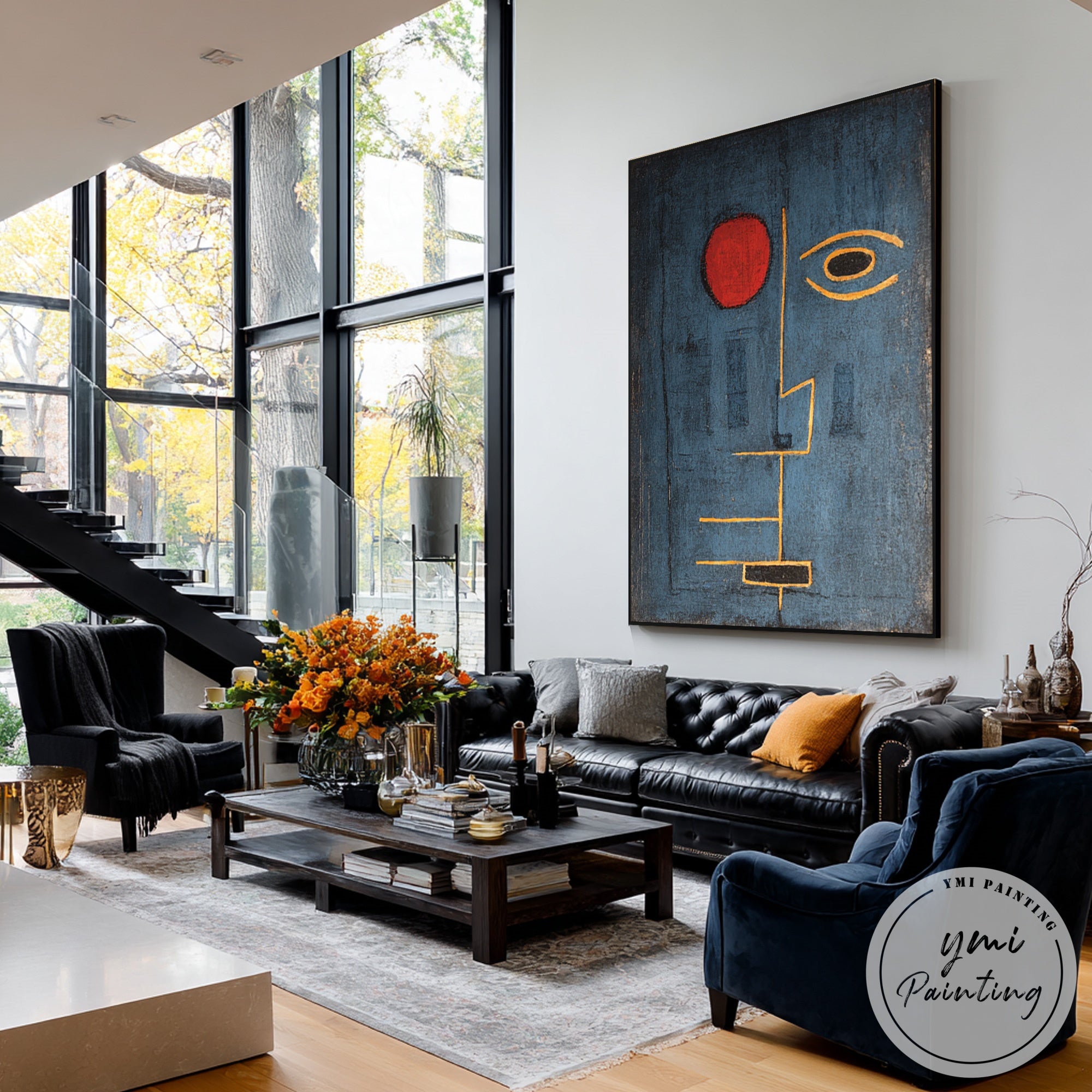 Blue minimalist portrait wall art for living room interior