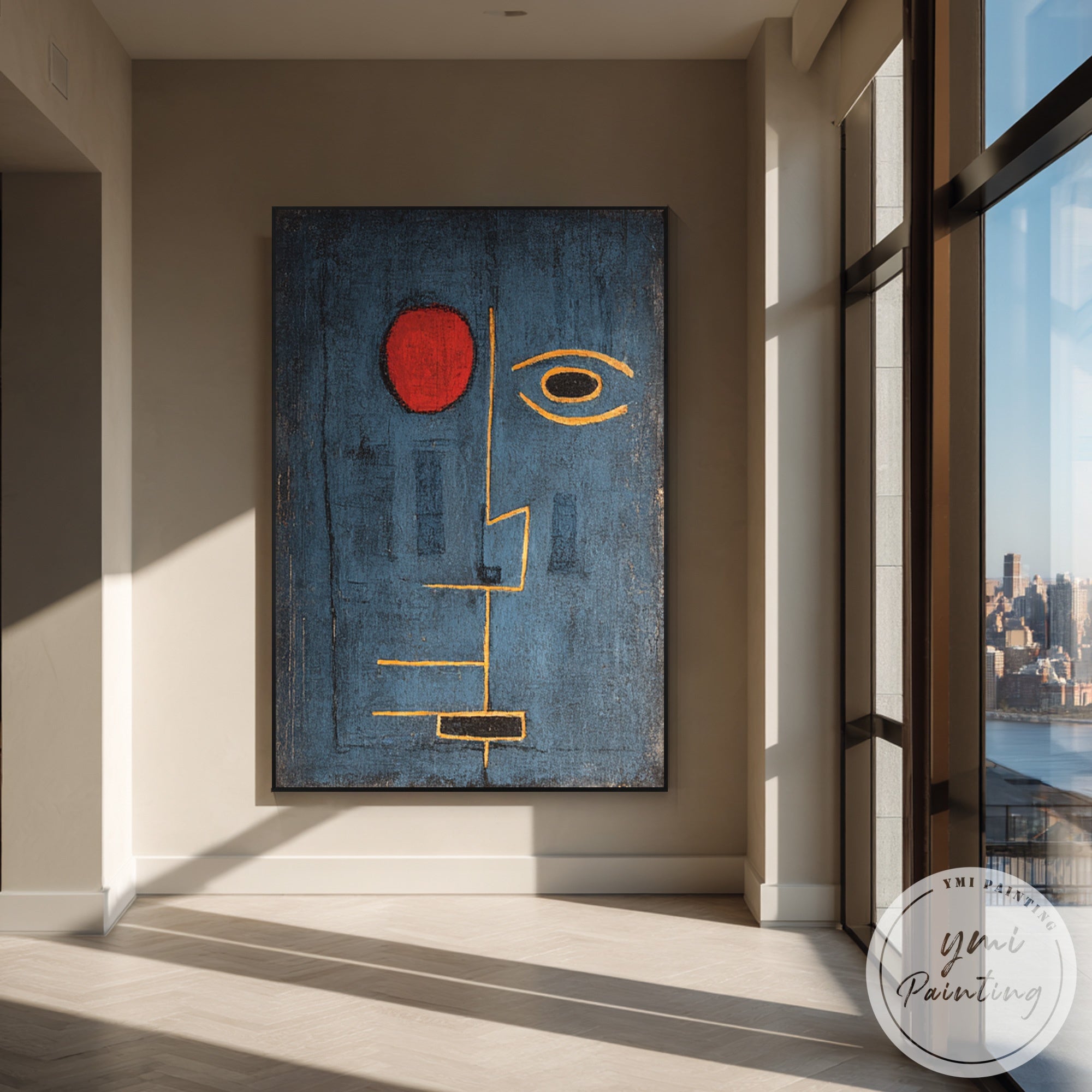Modern abstract face artwork on canvas with blue tones
