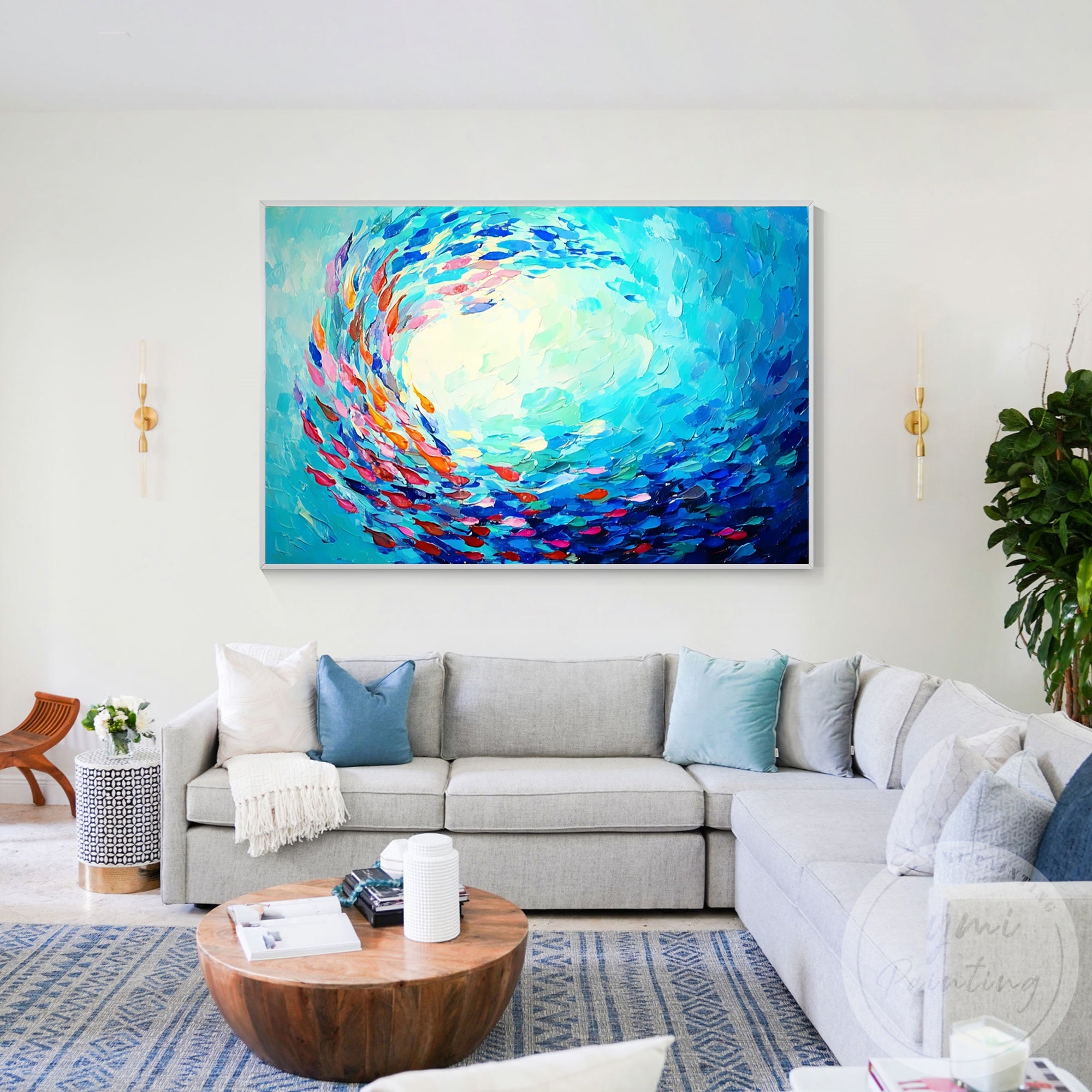 Large colorful ocean canvas art with swirling fish