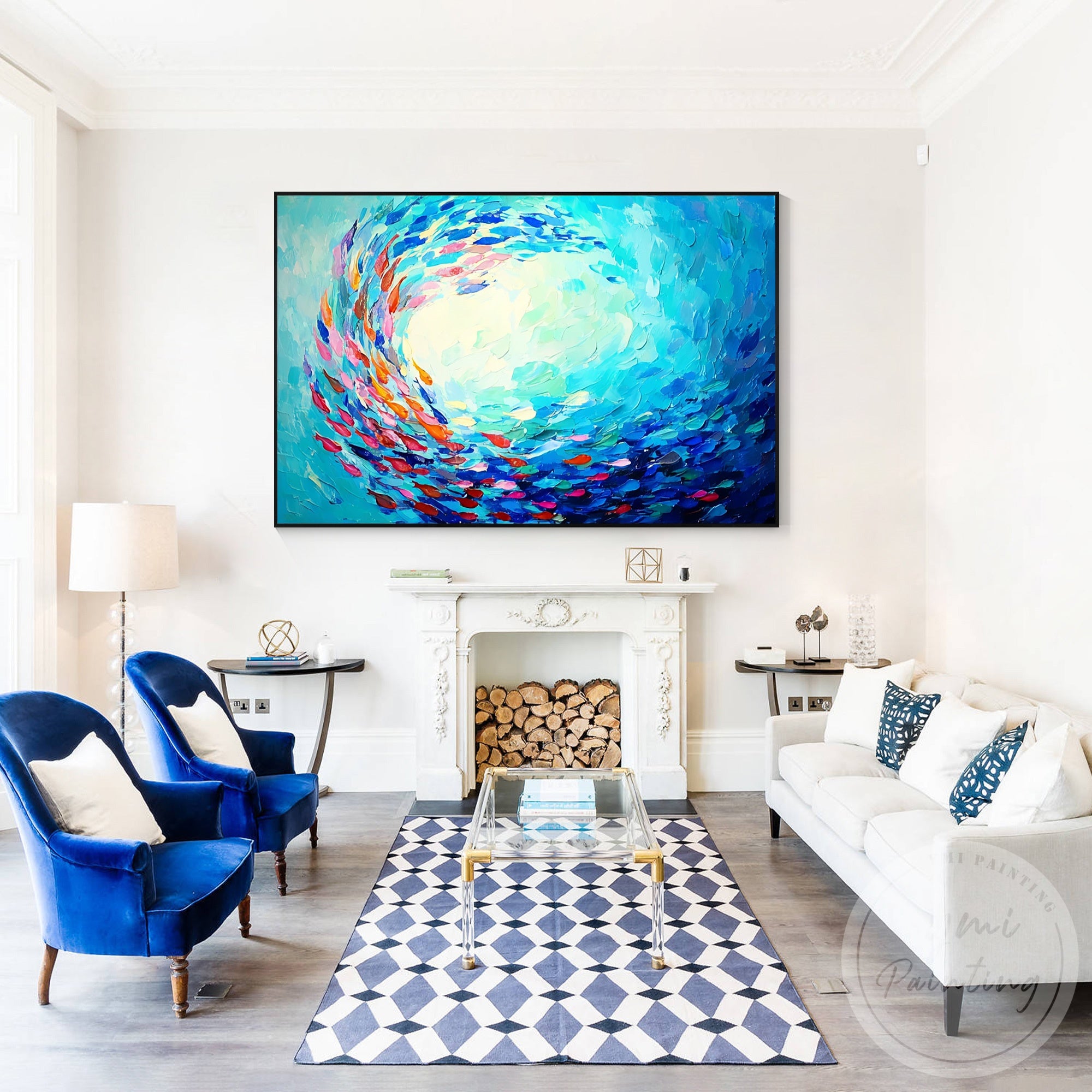 Large hand painted blue fish ocean artwork for home decor